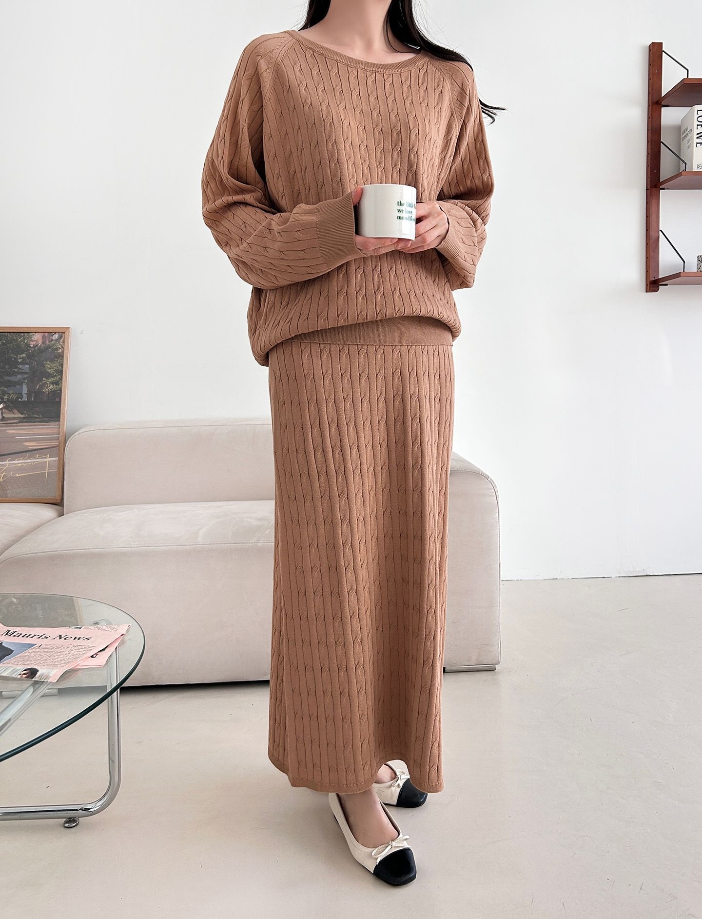 ドローストリングケーブルウエストゴムラグランロングセットアップスカートニット | 詳細画像3