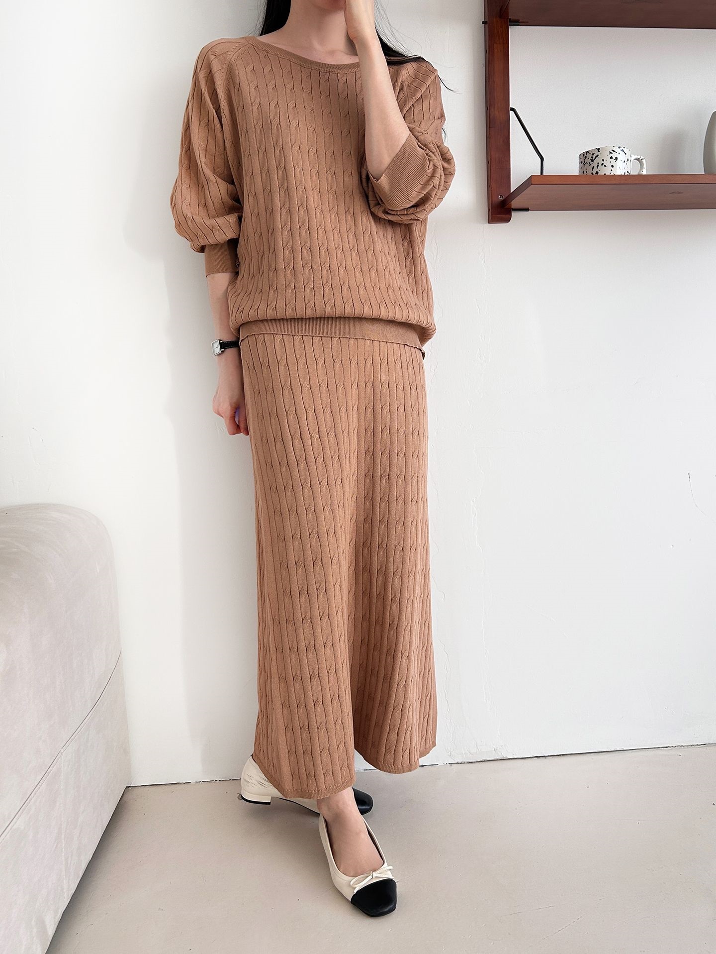 ドローストリングケーブルウエストゴムラグランロングセットアップスカートニット | 詳細画像4