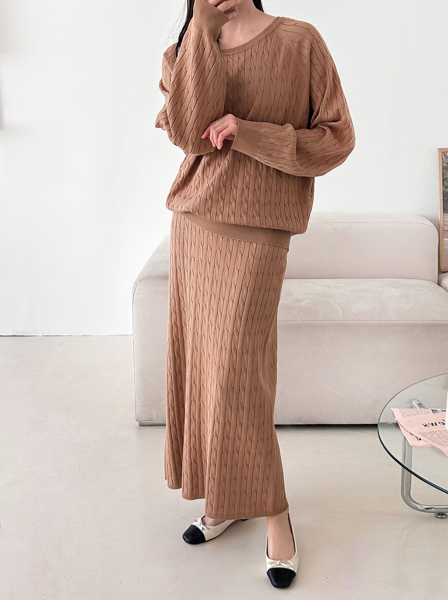 ドローストリングケーブルウエストゴムラグランロングセットアップスカートニット | 詳細画像5