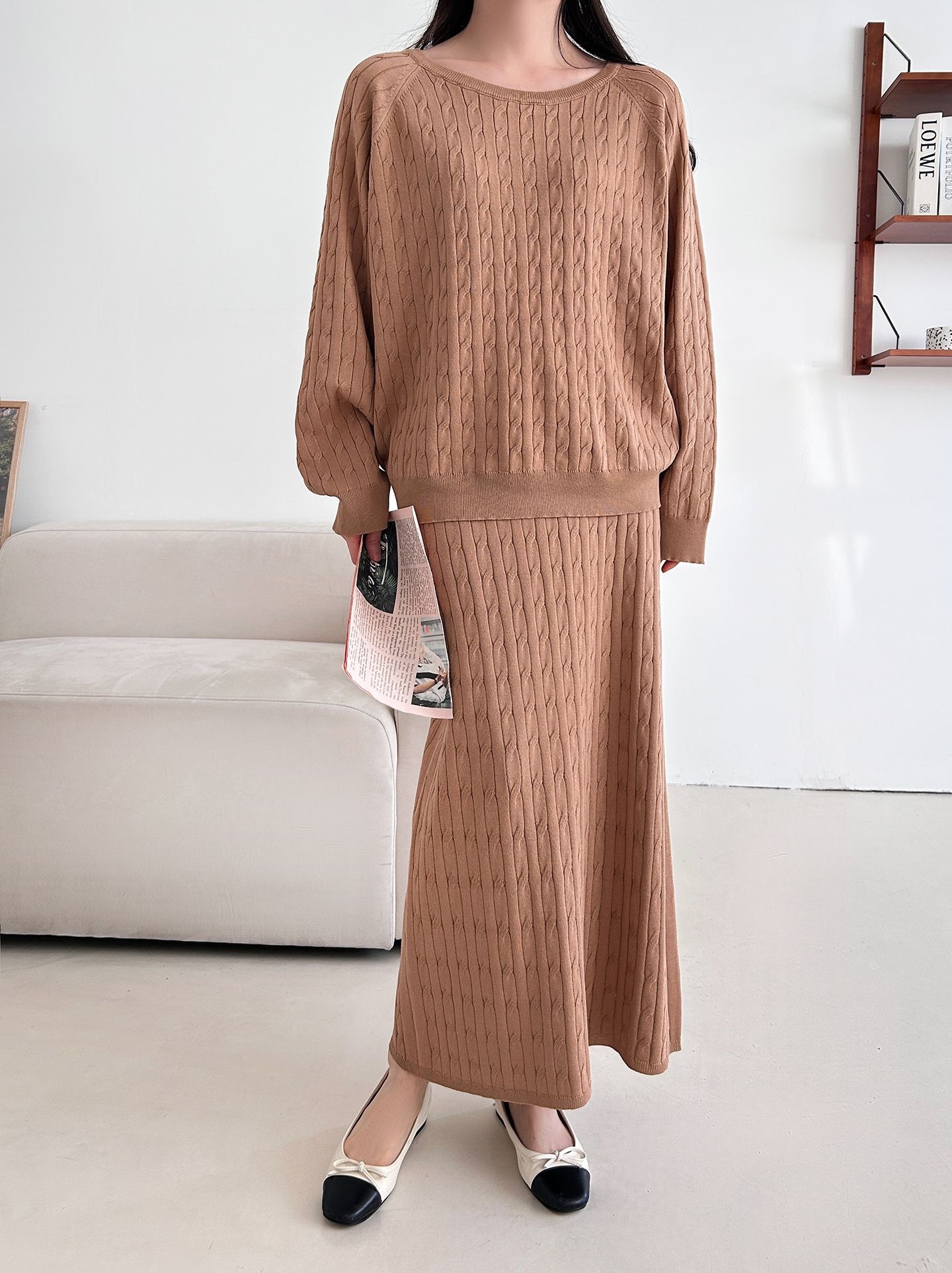 ドローストリングケーブルウエストゴムラグランロングセットアップスカートニット | 詳細画像6