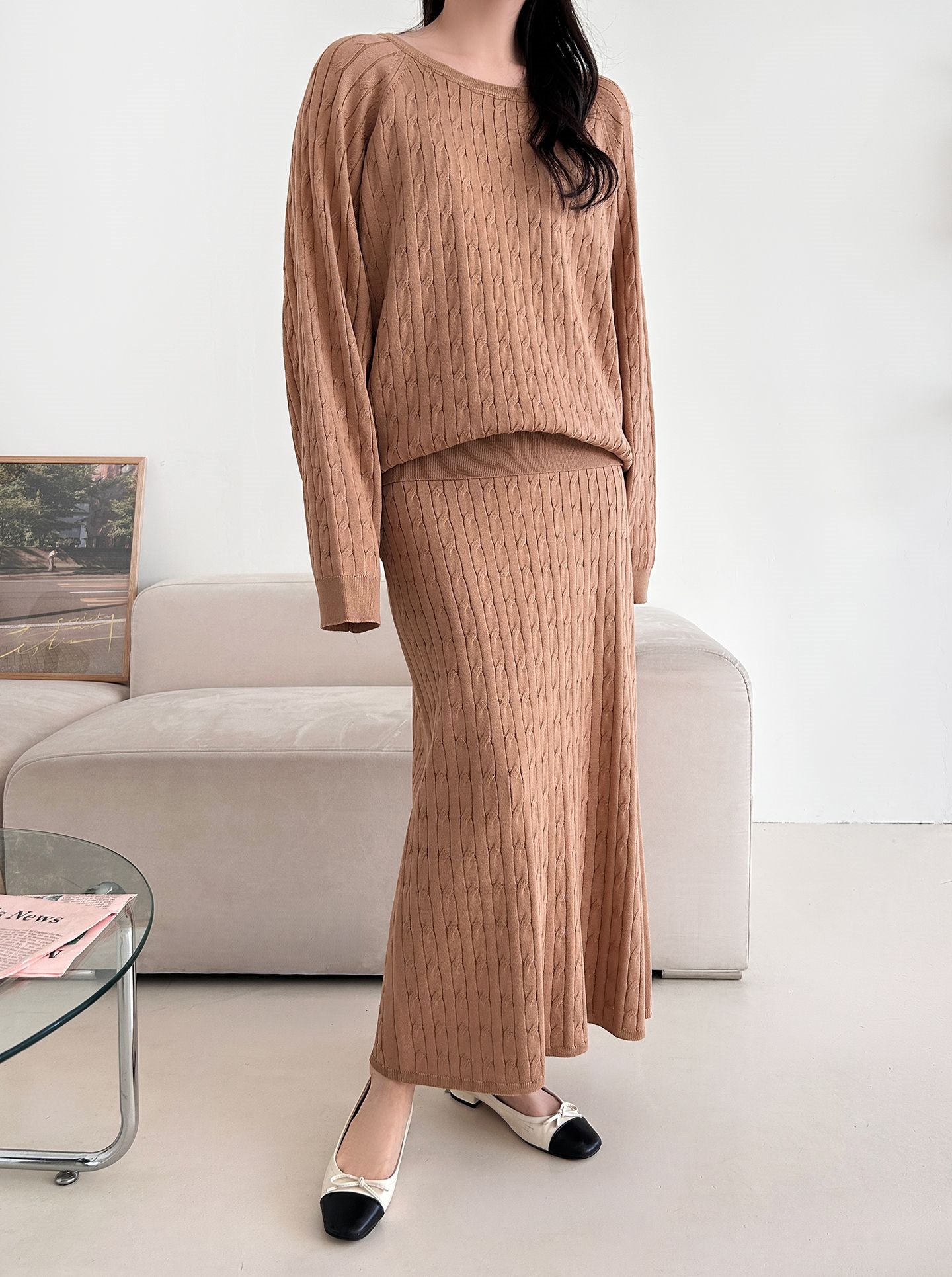 ドローストリングケーブルウエストゴムラグランロングセットアップスカートニット | 詳細画像7