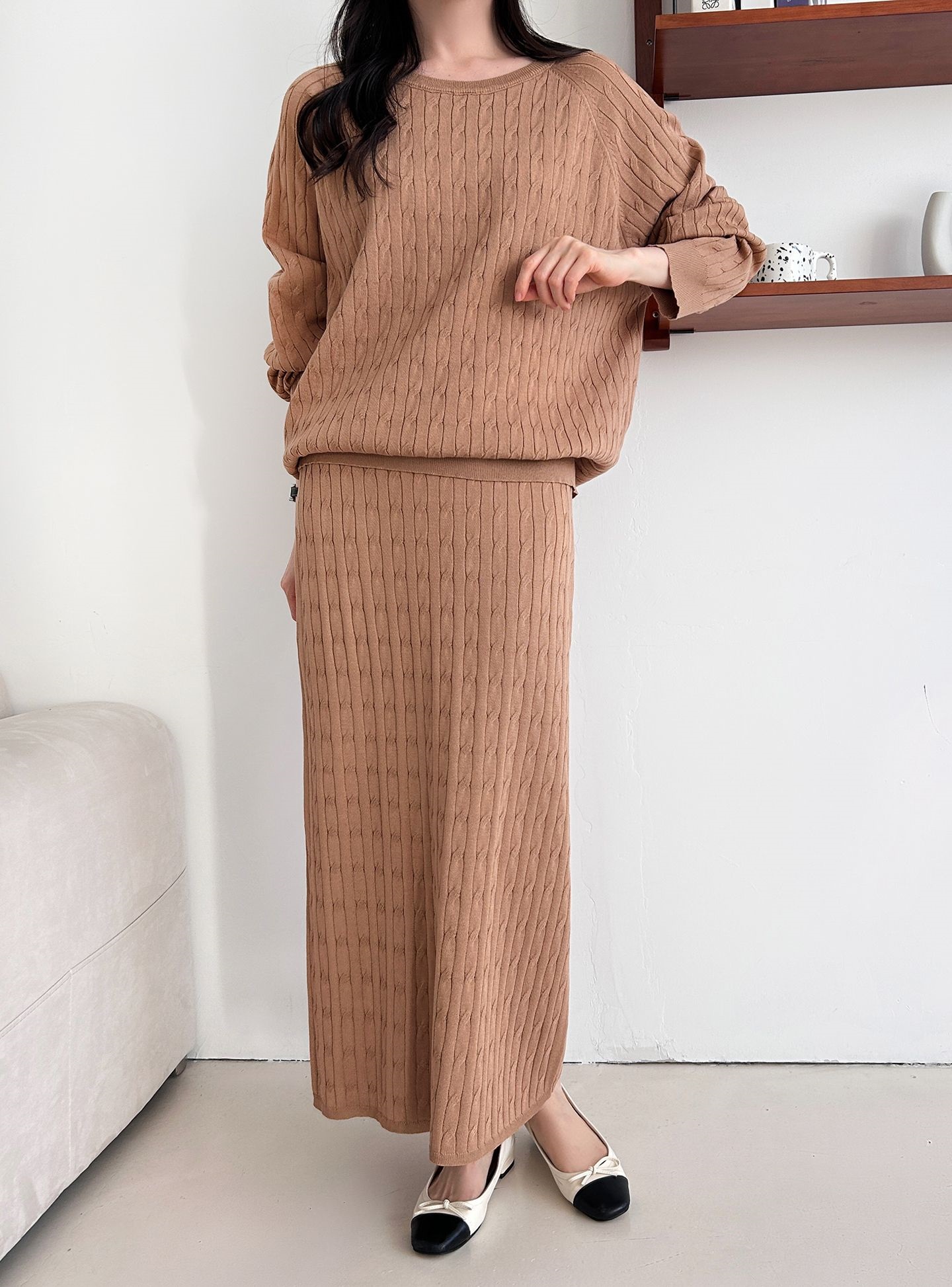 ドローストリングケーブルウエストゴムラグランロングセットアップスカートニット | 詳細画像8