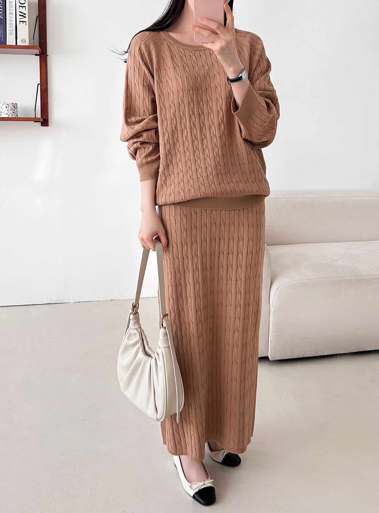 ドローストリングケーブルウエストゴムラグランロングセットアップスカートニット | 詳細画像9