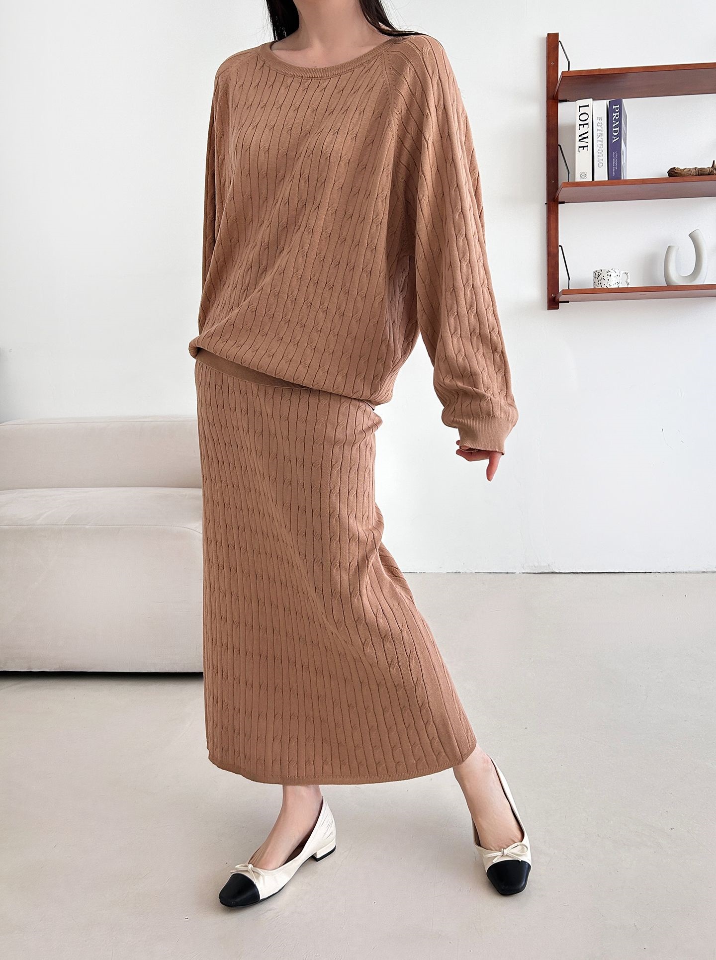 ドローストリングケーブルウエストゴムラグランロングセットアップスカートニット | 詳細画像10