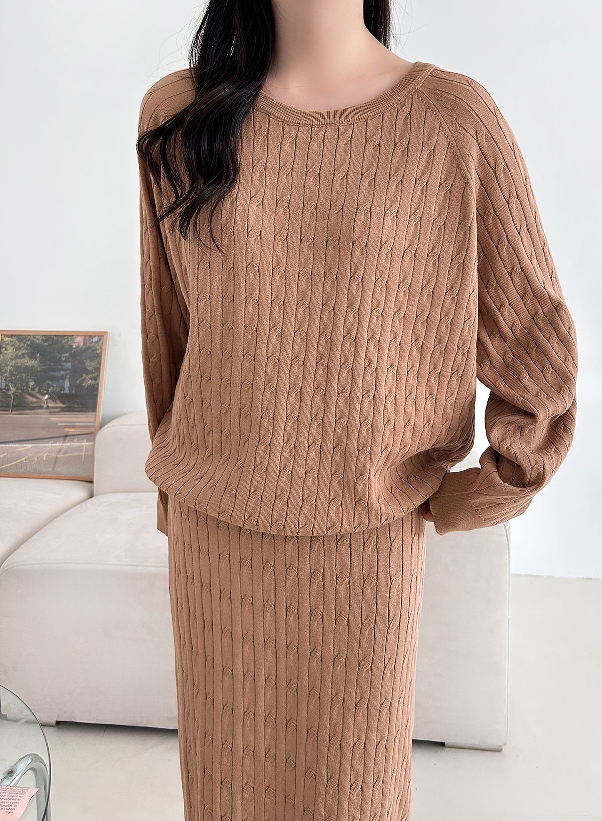 ドローストリングケーブルウエストゴムラグランロングセットアップスカートニット | 詳細画像13