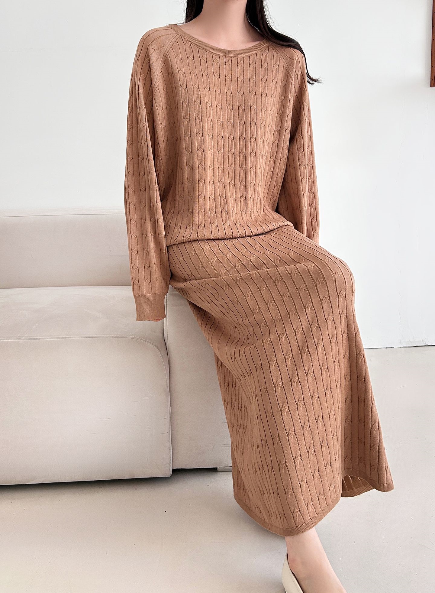 ドローストリングケーブルウエストゴムラグランロングセットアップスカートニット | 詳細画像14