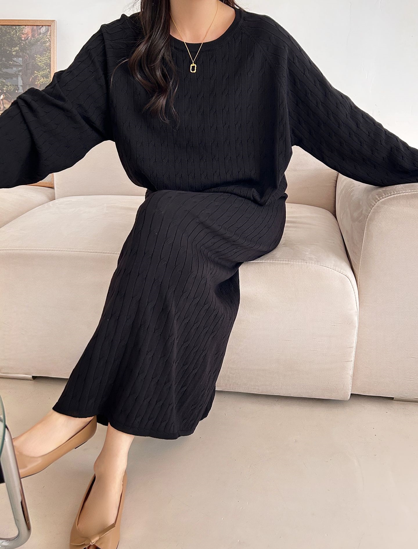 ドローストリングケーブルウエストゴムラグランロングセットアップスカートニット | 詳細画像16