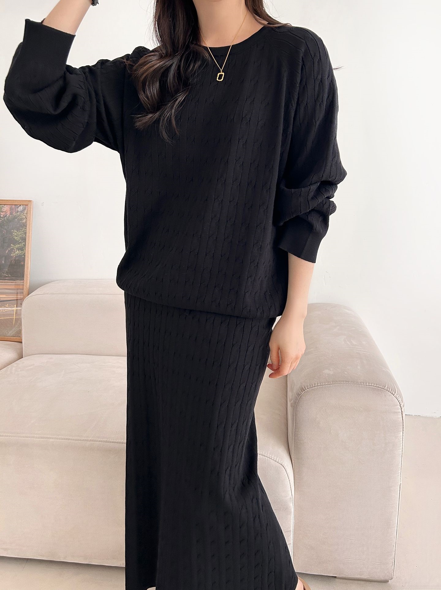 ドローストリングケーブルウエストゴムラグランロングセットアップスカートニット | 詳細画像18