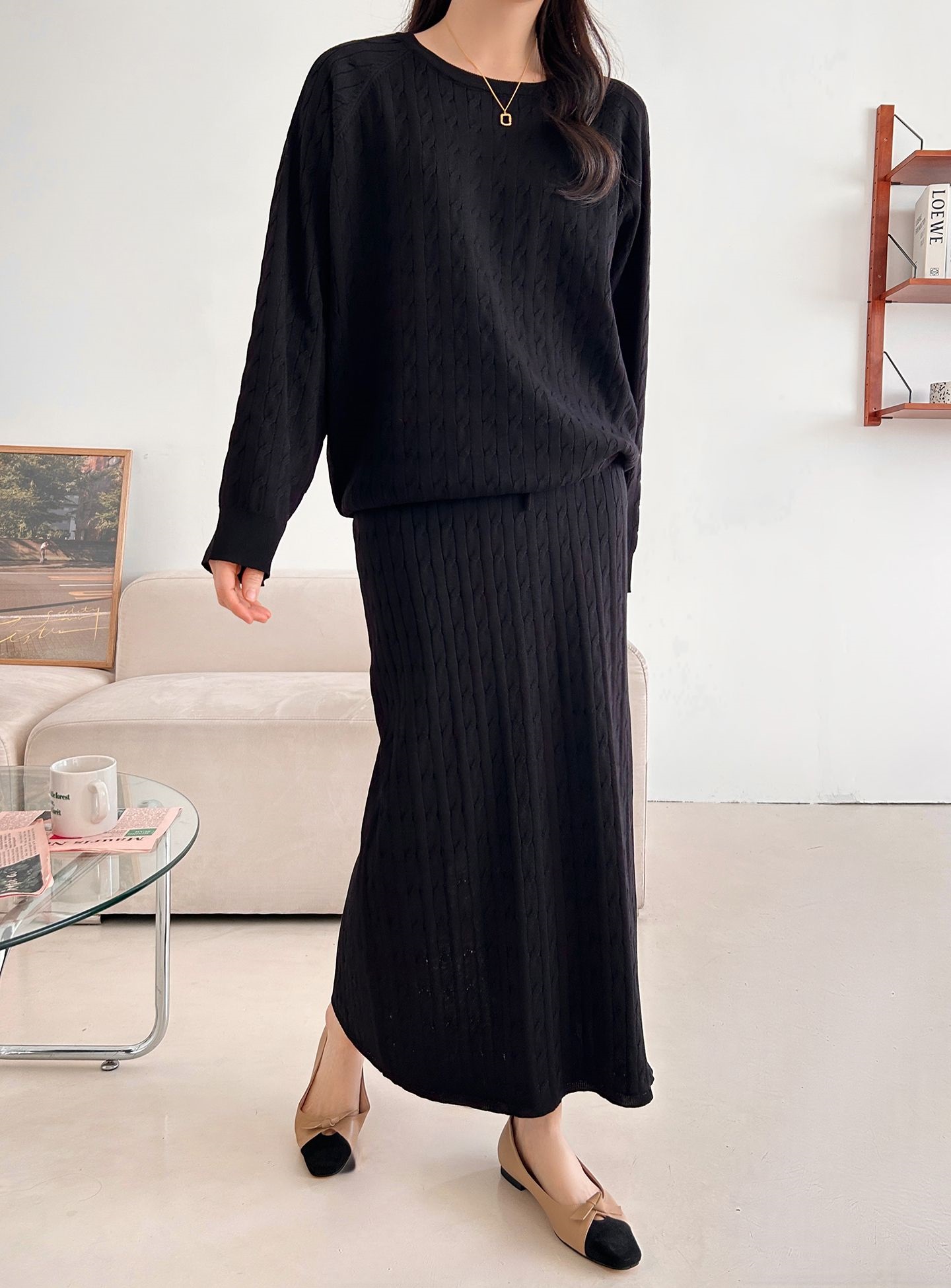 ドローストリングケーブルウエストゴムラグランロングセットアップスカートニット | 詳細画像19