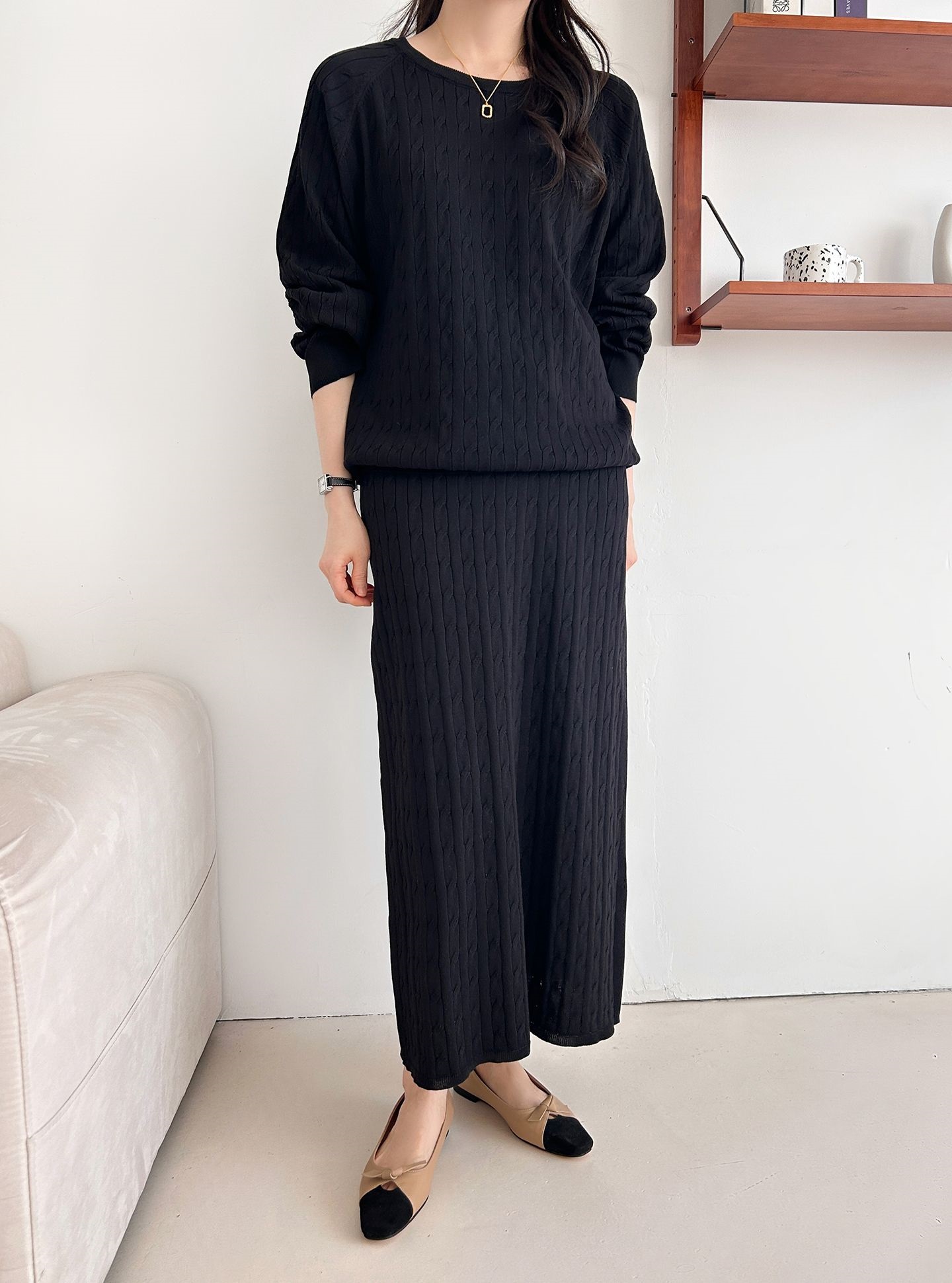 ドローストリングケーブルウエストゴムラグランロングセットアップスカートニット | 詳細画像21