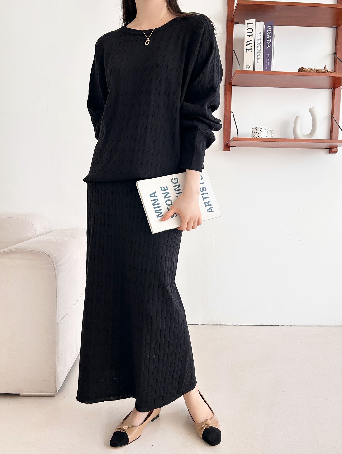 ドローストリングケーブルウエストゴムラグランロングセットアップスカートニット | 詳細画像23