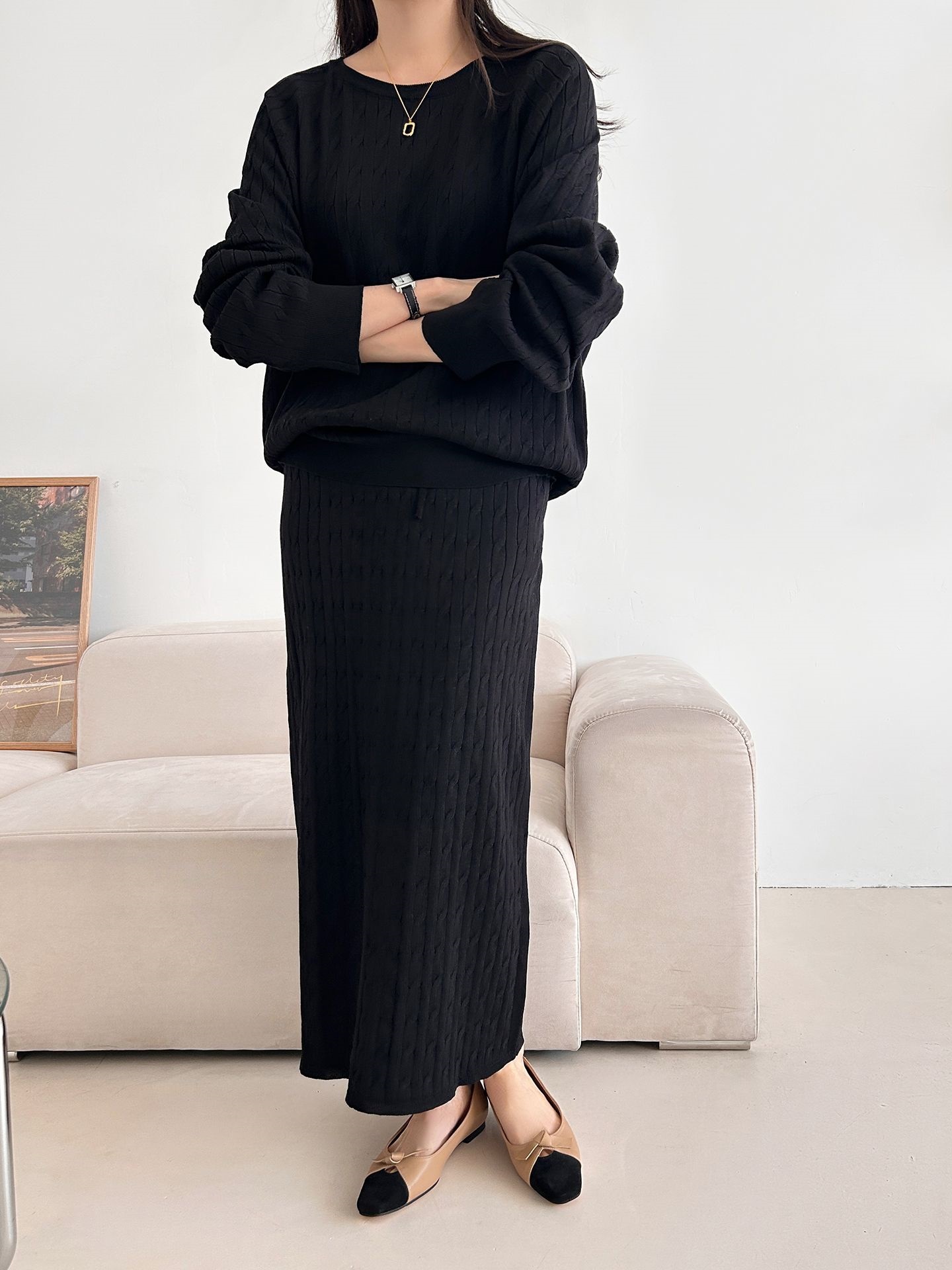 ドローストリングケーブルウエストゴムラグランロングセットアップスカートニット | 詳細画像24