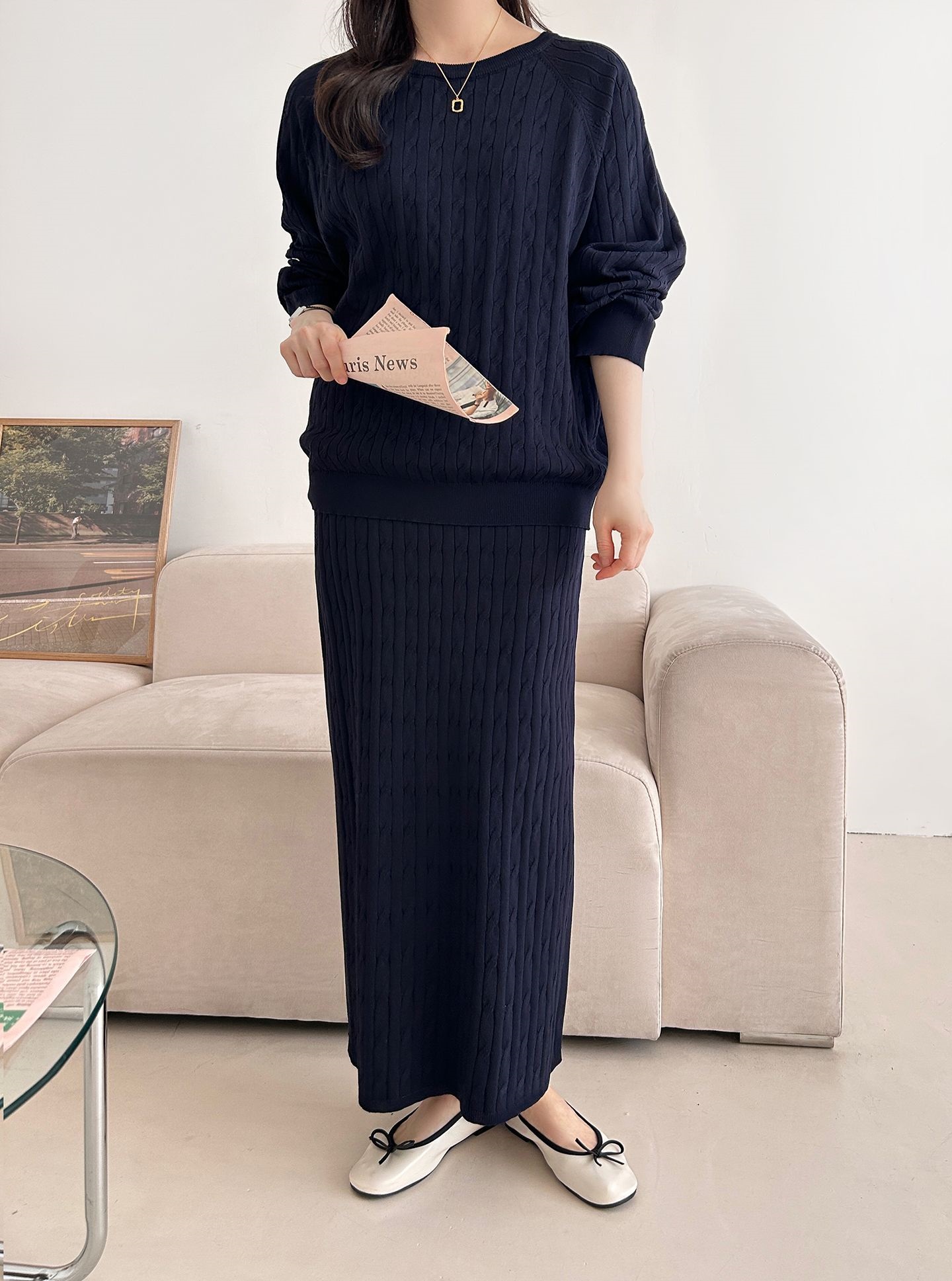 ドローストリングケーブルウエストゴムラグランロングセットアップスカートニット | 詳細画像25