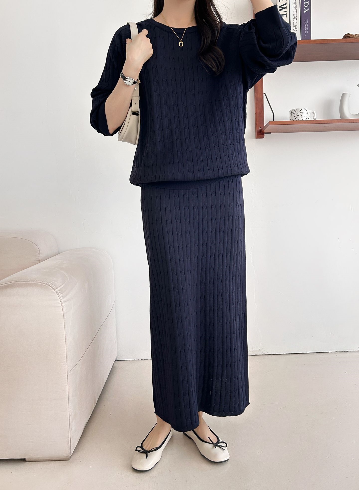 ドローストリングケーブルウエストゴムラグランロングセットアップスカートニット | 詳細画像26