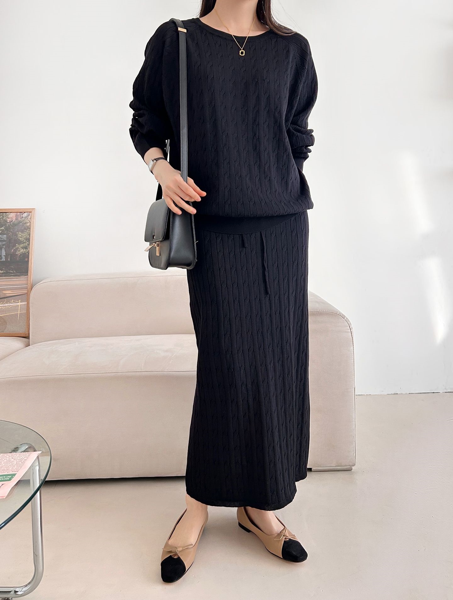 ドローストリングケーブルウエストゴムラグランロングセットアップスカートニット | 詳細画像27