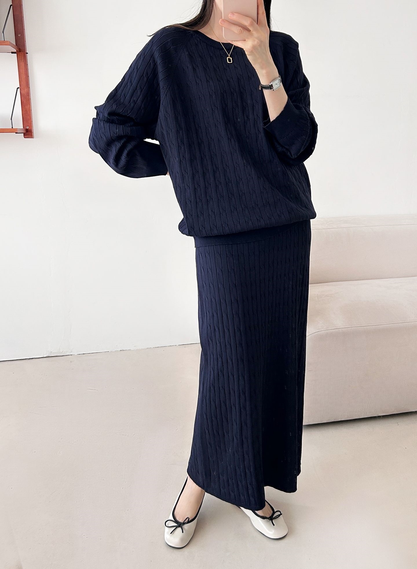 ドローストリングケーブルウエストゴムラグランロングセットアップスカートニット | 詳細画像28