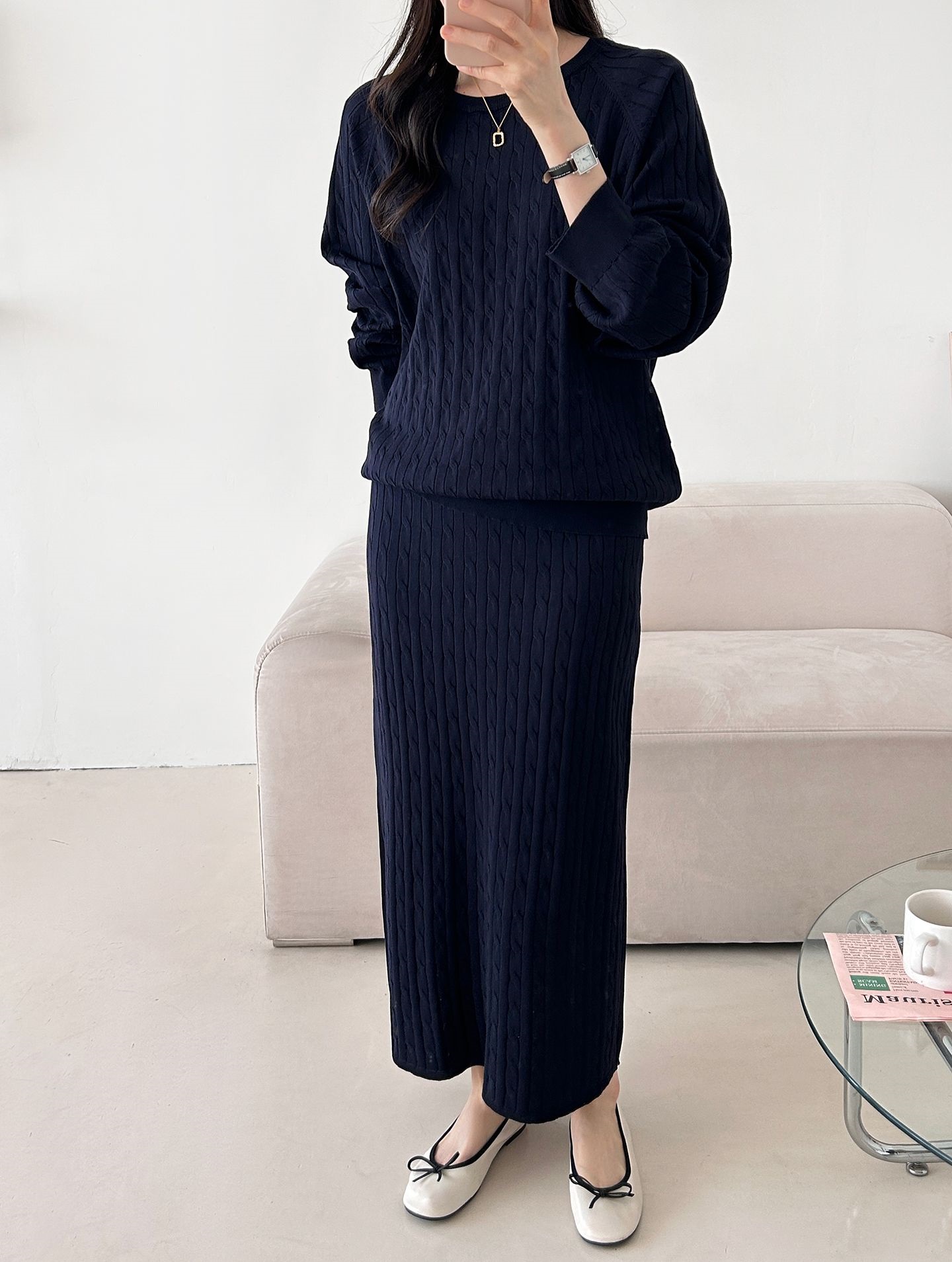 ドローストリングケーブルウエストゴムラグランロングセットアップスカートニット | 詳細画像29