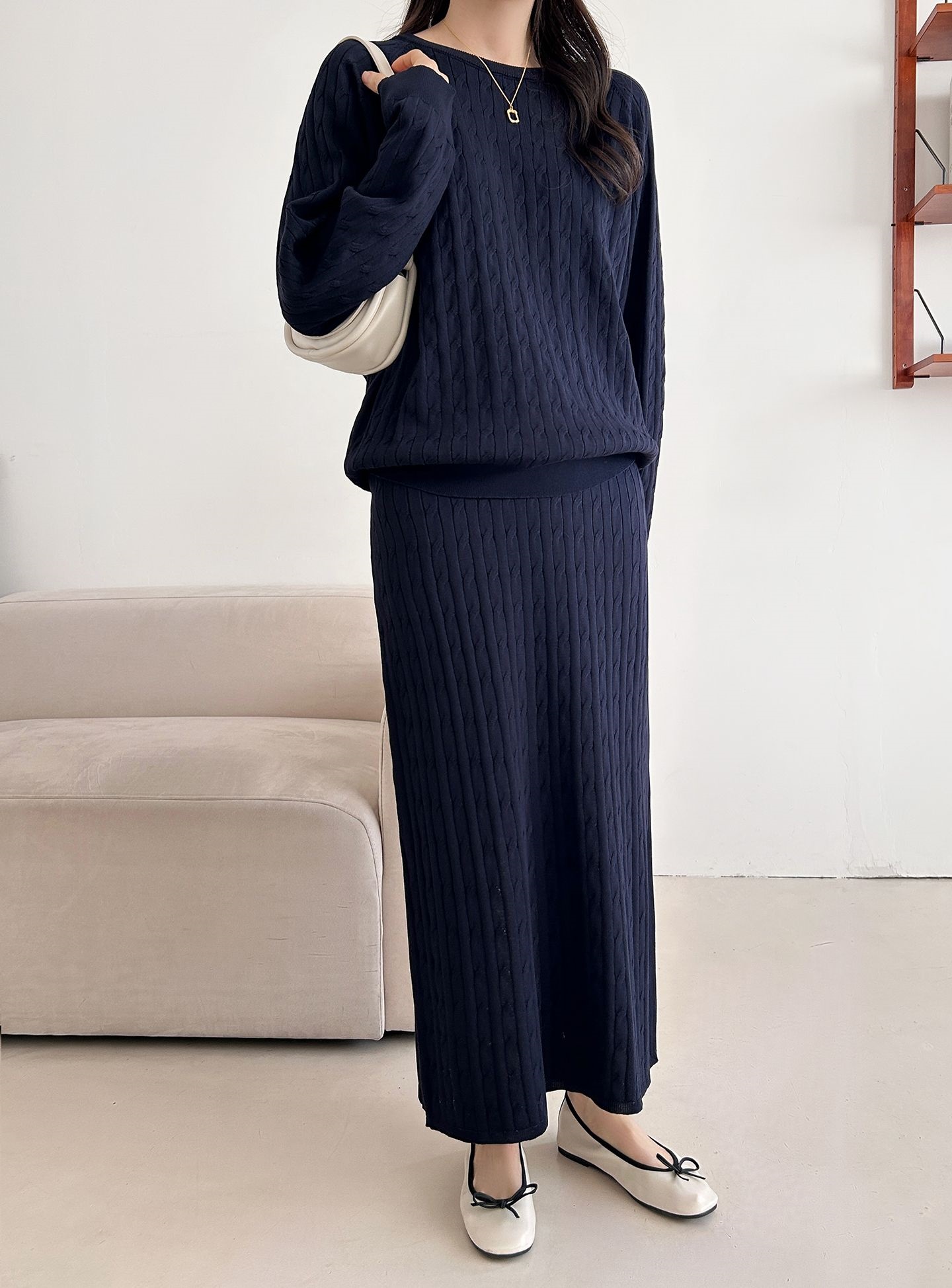 ドローストリングケーブルウエストゴムラグランロングセットアップスカートニット | 詳細画像30