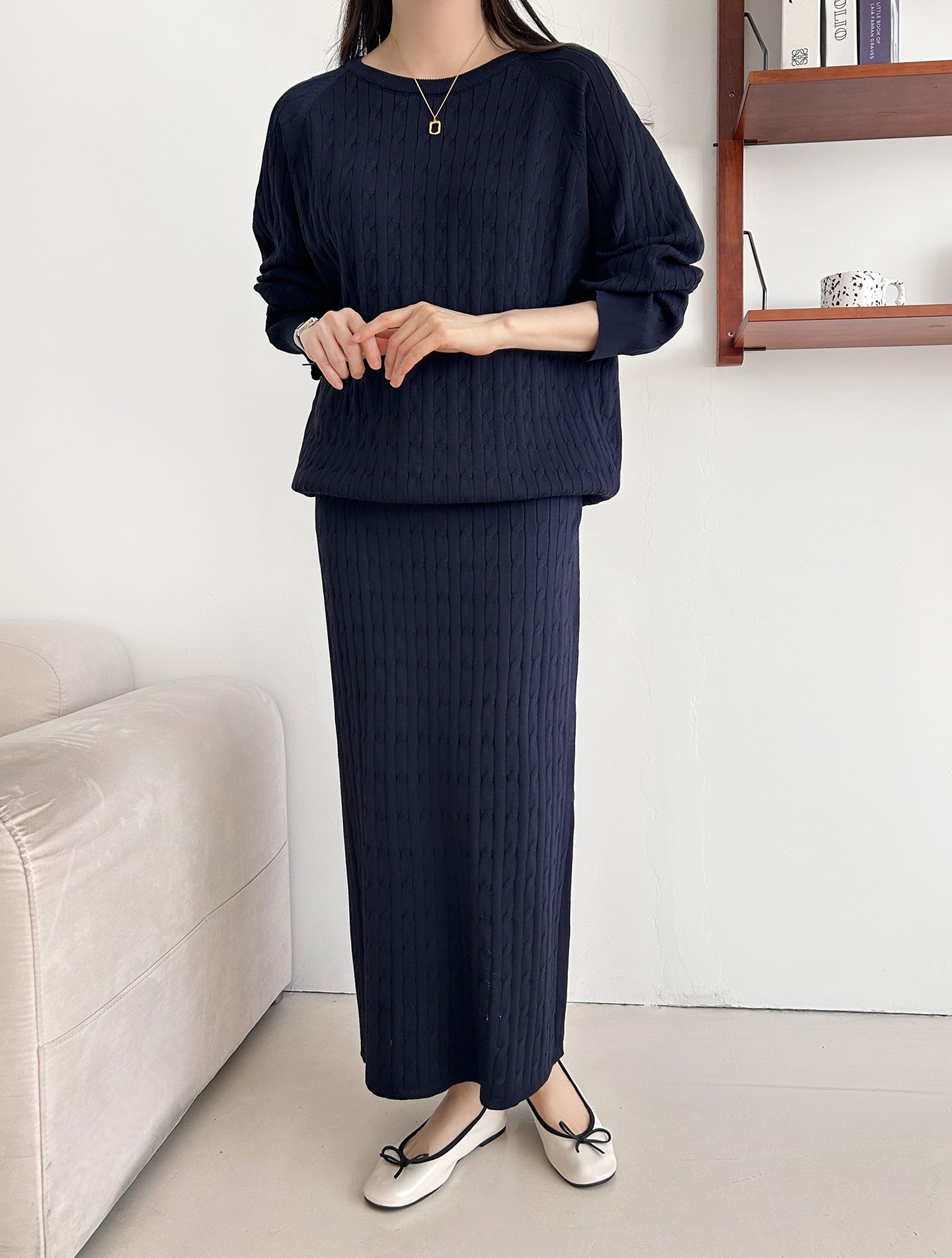 ドローストリングケーブルウエストゴムラグランロングセットアップスカートニット | 詳細画像31