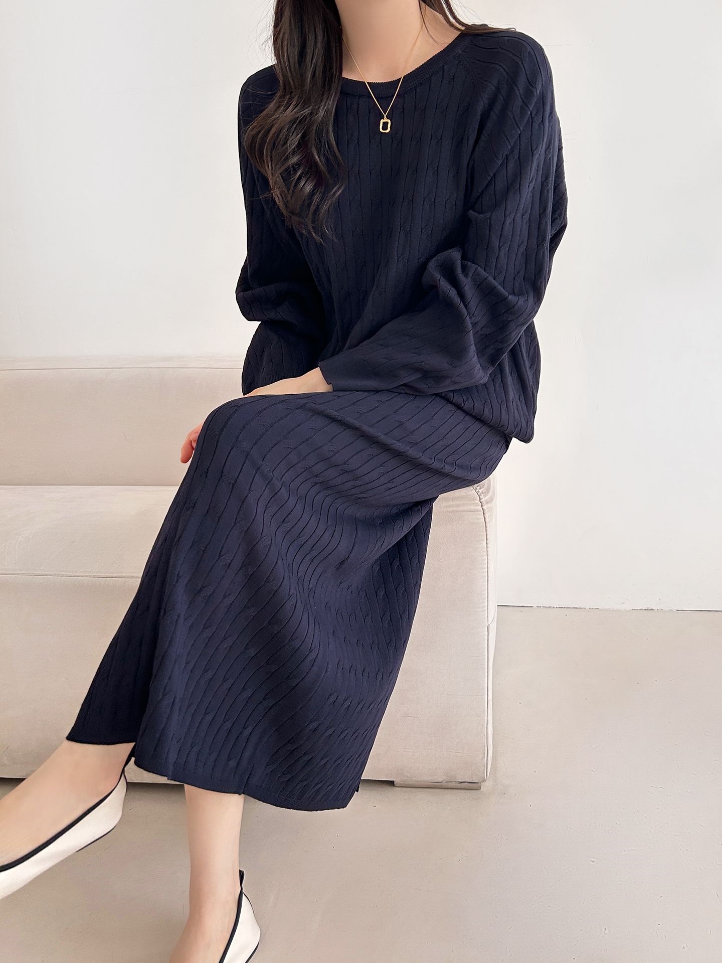 ドローストリングケーブルウエストゴムラグランロングセットアップスカートニット | 詳細画像32