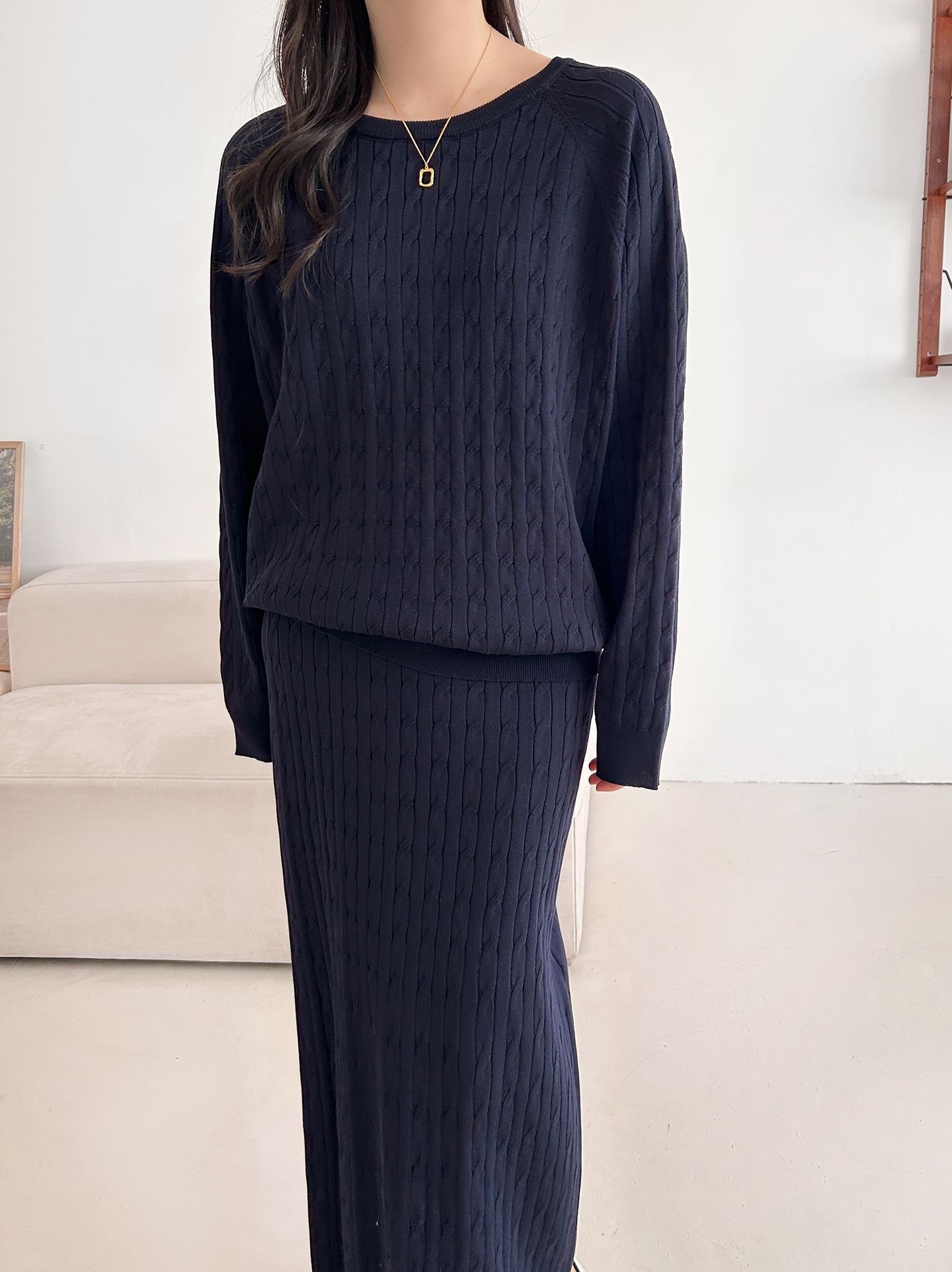 ドローストリングケーブルウエストゴムラグランロングセットアップスカートニット | 詳細画像34