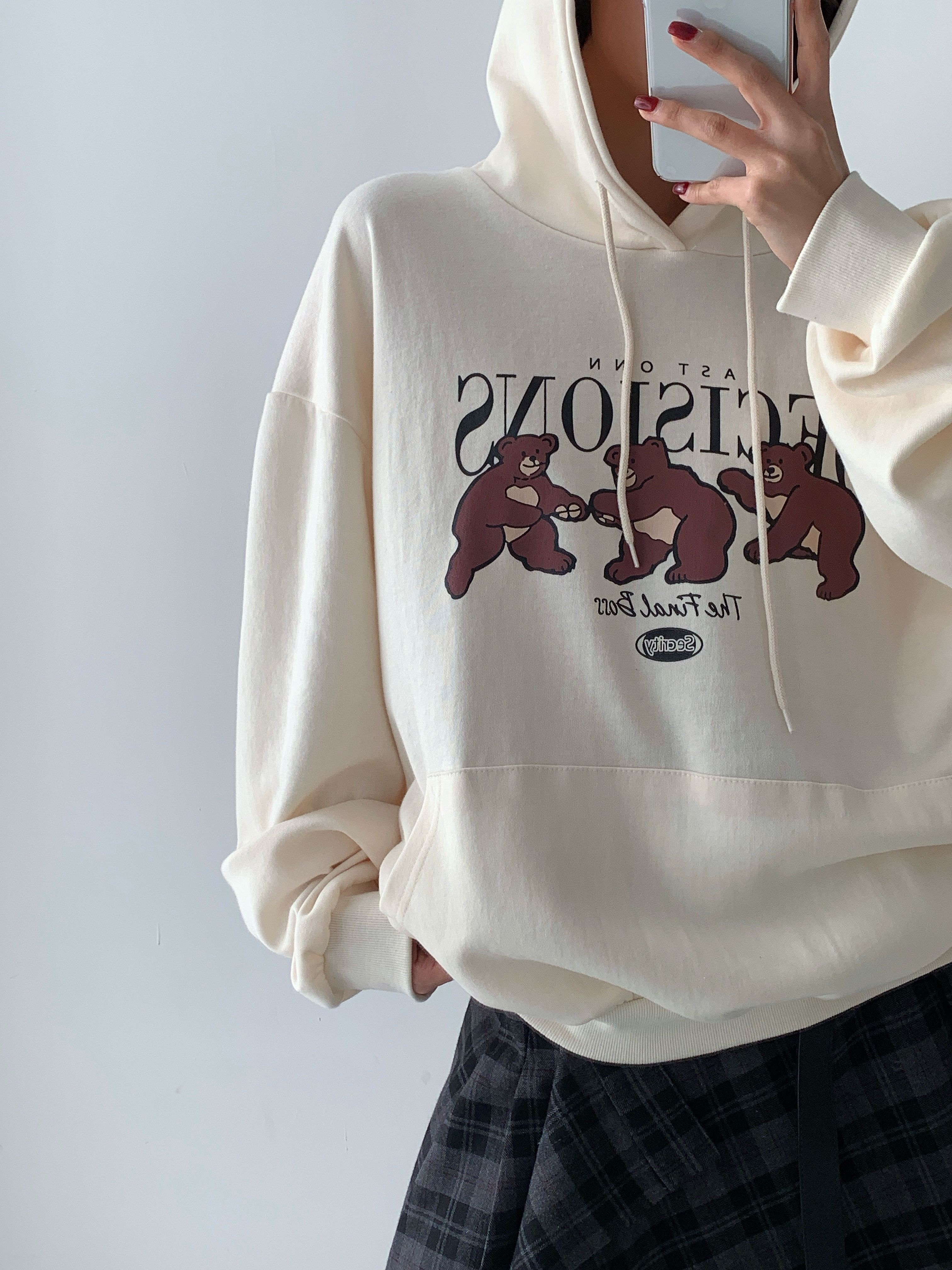 フードドローストリングオーバーサイズ長袖カンガルーポケットプリントパーカー | 詳細画像2