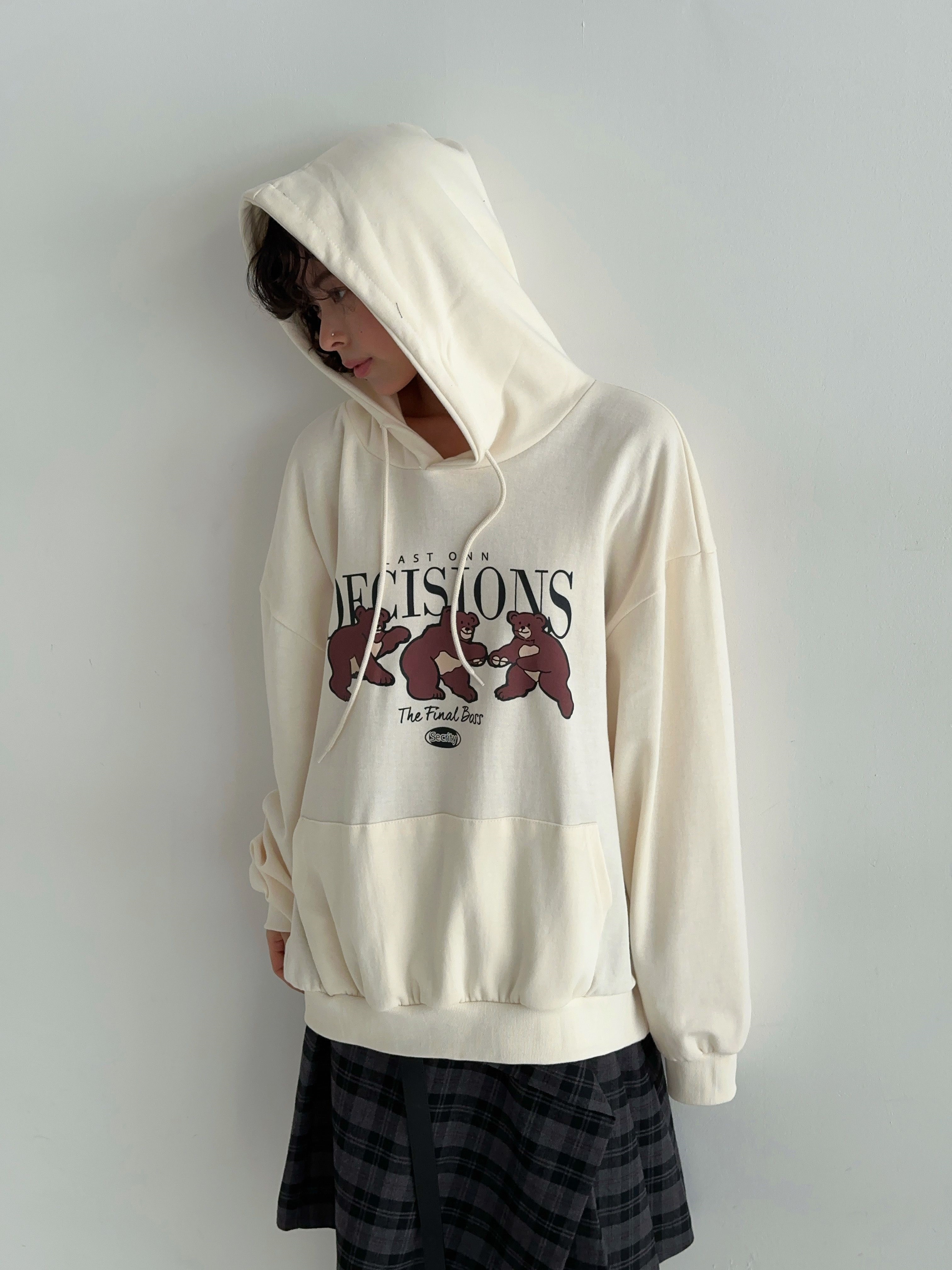 フードドローストリングオーバーサイズ長袖カンガルーポケットプリントパーカー | 詳細画像3