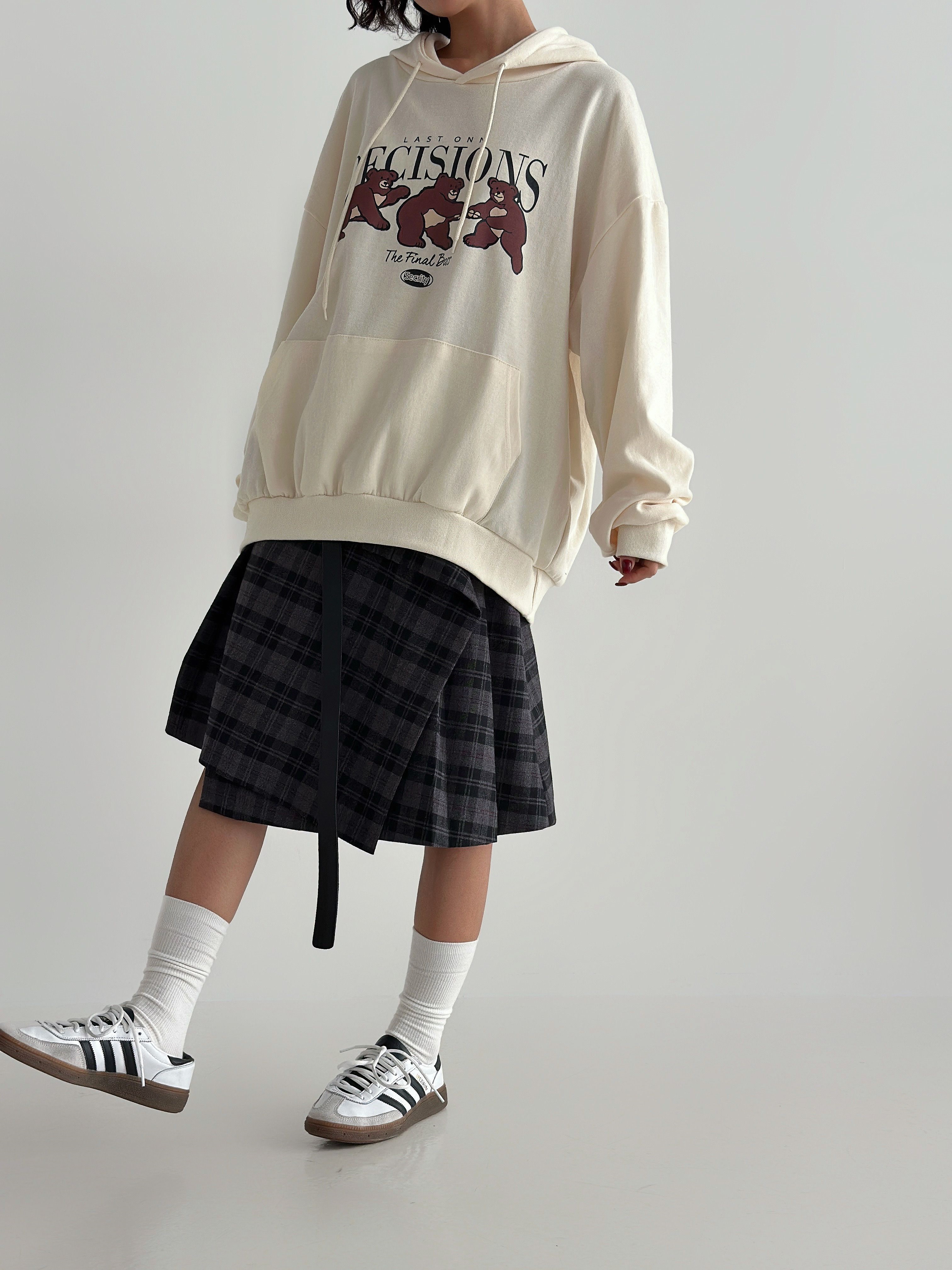 フードドローストリングオーバーサイズ長袖カンガルーポケットプリントパーカー | 詳細画像5