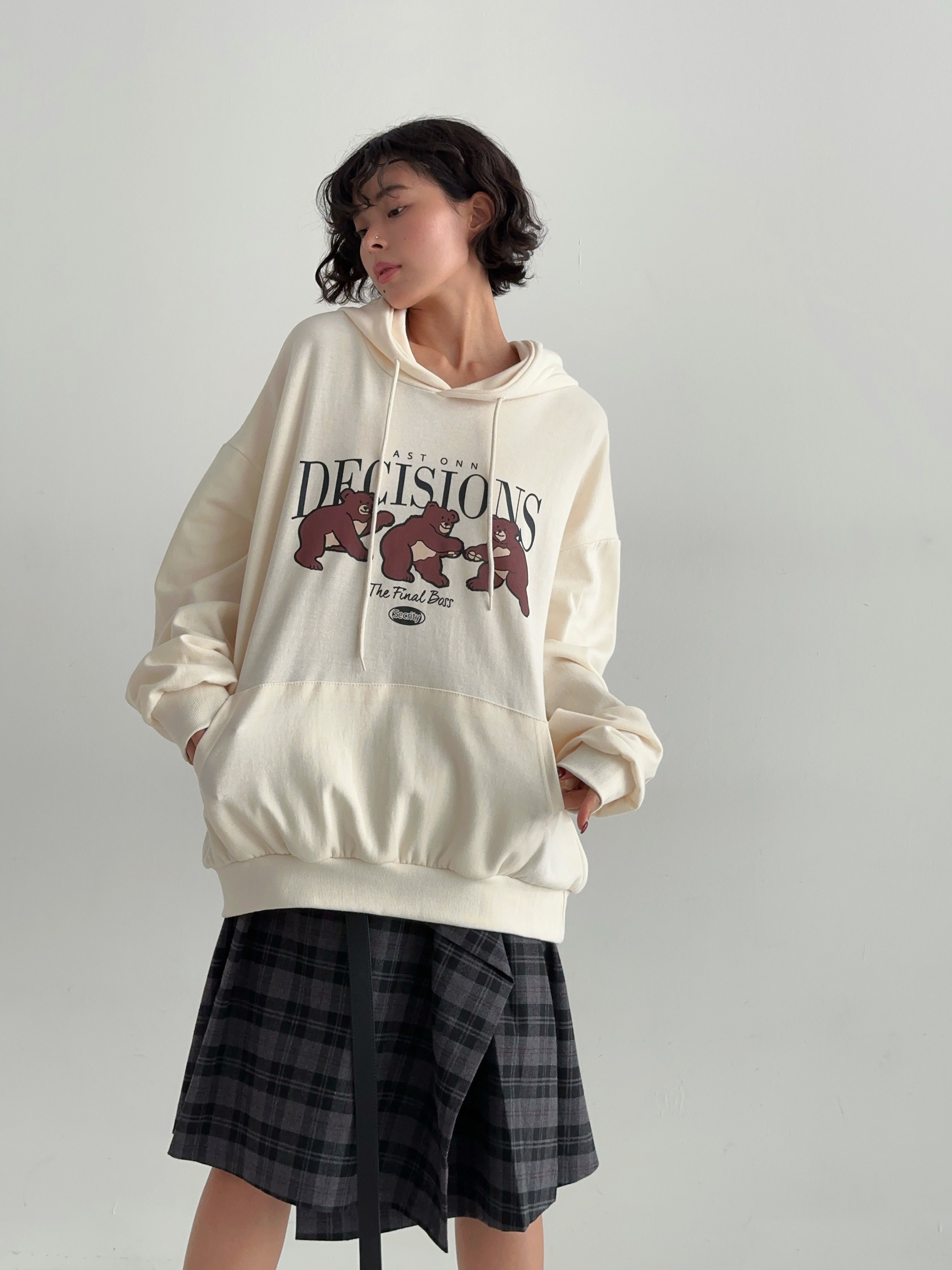 フードドローストリングオーバーサイズ長袖カンガルーポケットプリントパーカー | 詳細画像6