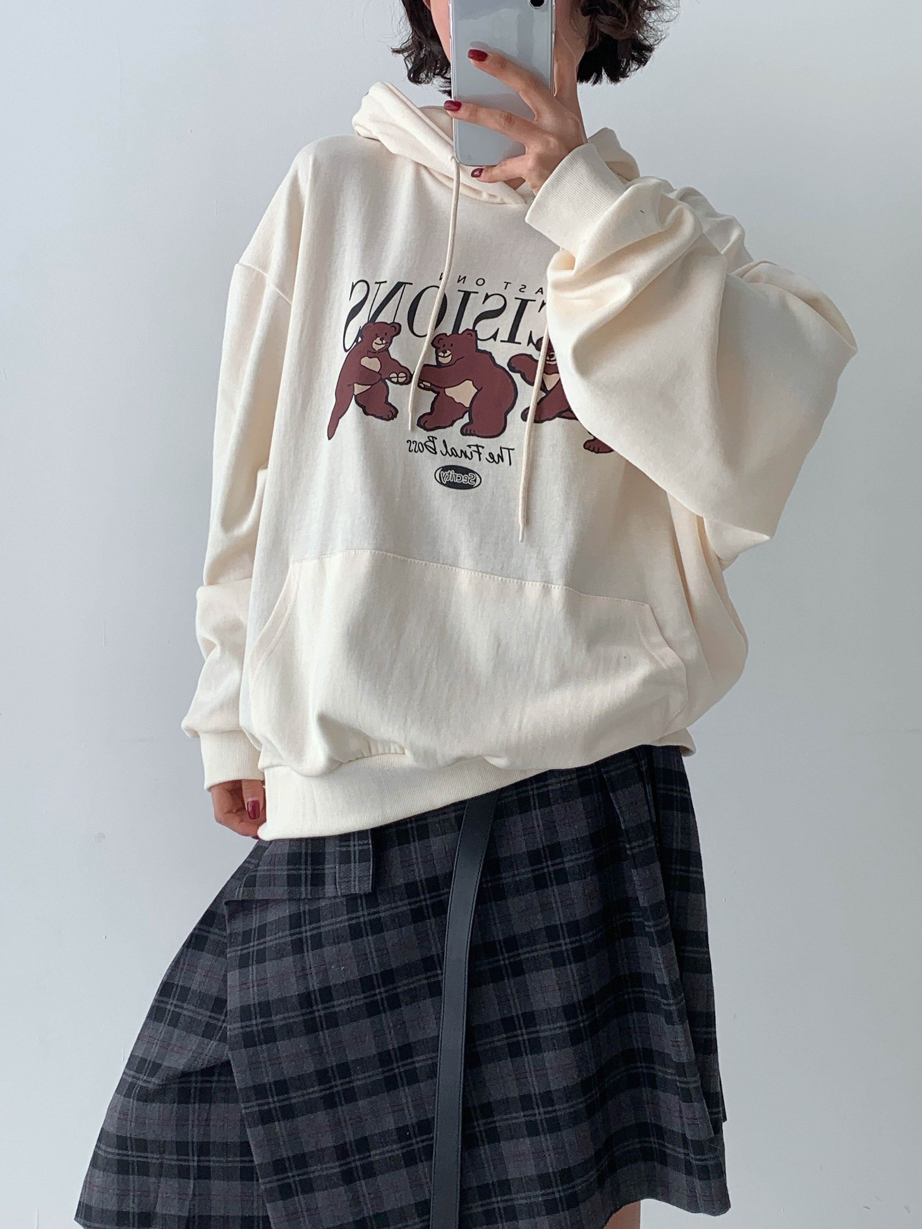 フードドローストリングオーバーサイズ長袖カンガルーポケットプリントパーカー | 詳細画像7