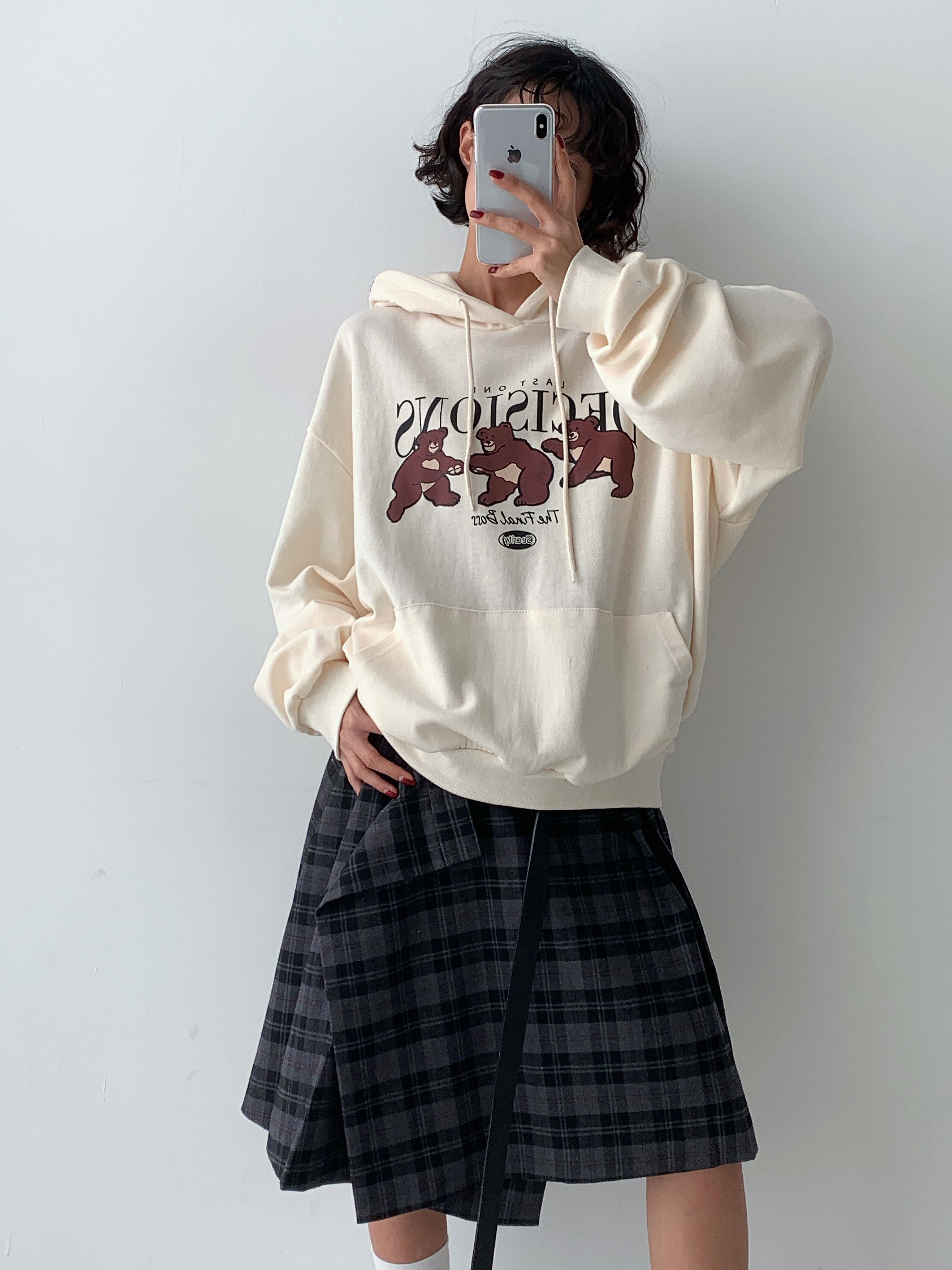 フードドローストリングオーバーサイズ長袖カンガルーポケットプリントパーカー | 詳細画像8