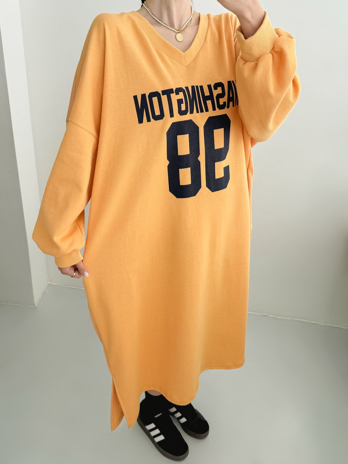 Vネックスリットポケットオーバーサイズロング長袖ビッグプリントワンピース | 詳細画像6