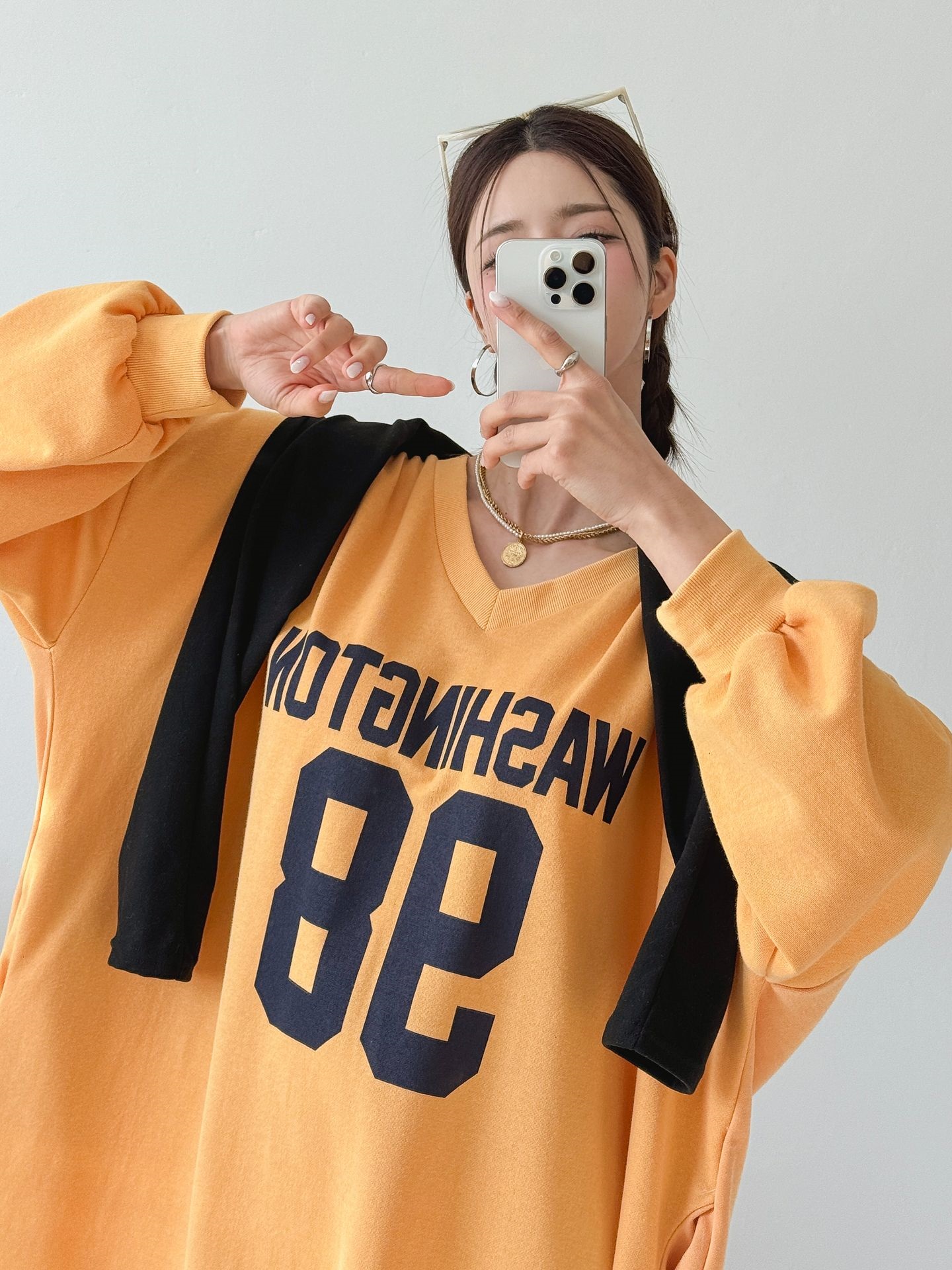 Vネックスリットポケットオーバーサイズロング長袖ビッグプリントワンピース | 詳細画像7