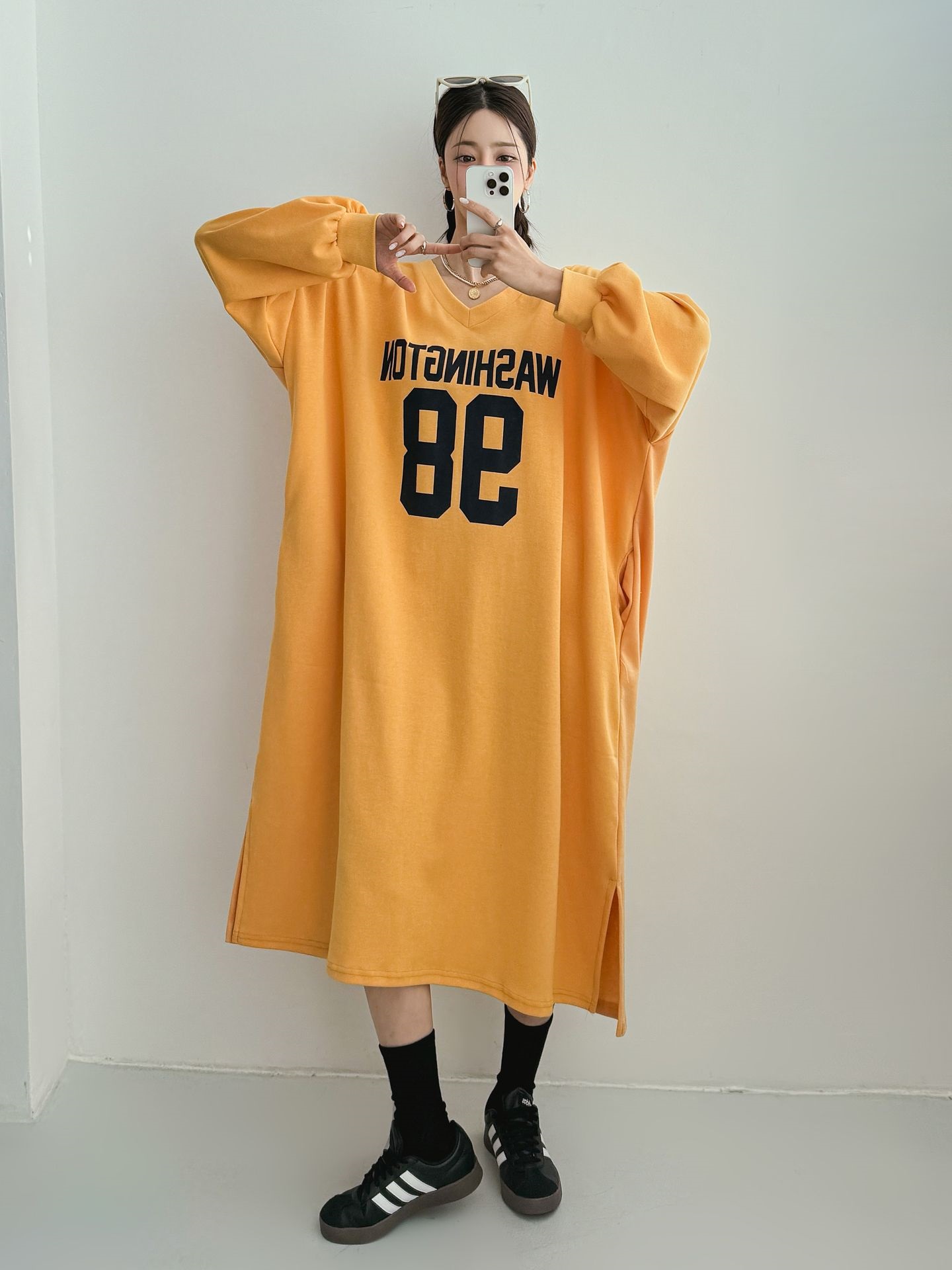 Vネックスリットポケットオーバーサイズロング長袖ビッグプリントワンピース | 詳細画像9