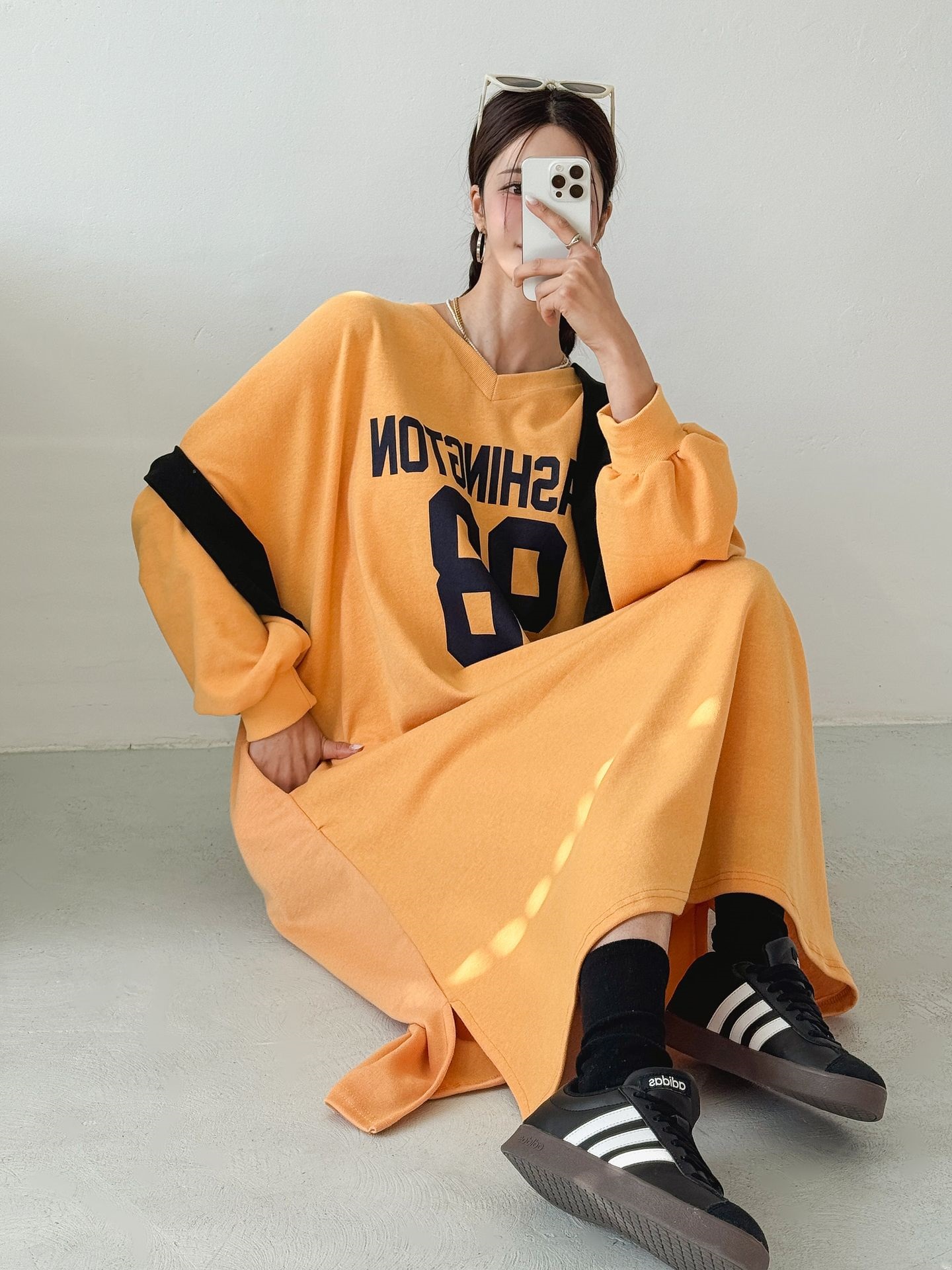 Vネックスリットポケットオーバーサイズロング長袖ビッグプリントワンピース | 詳細画像10