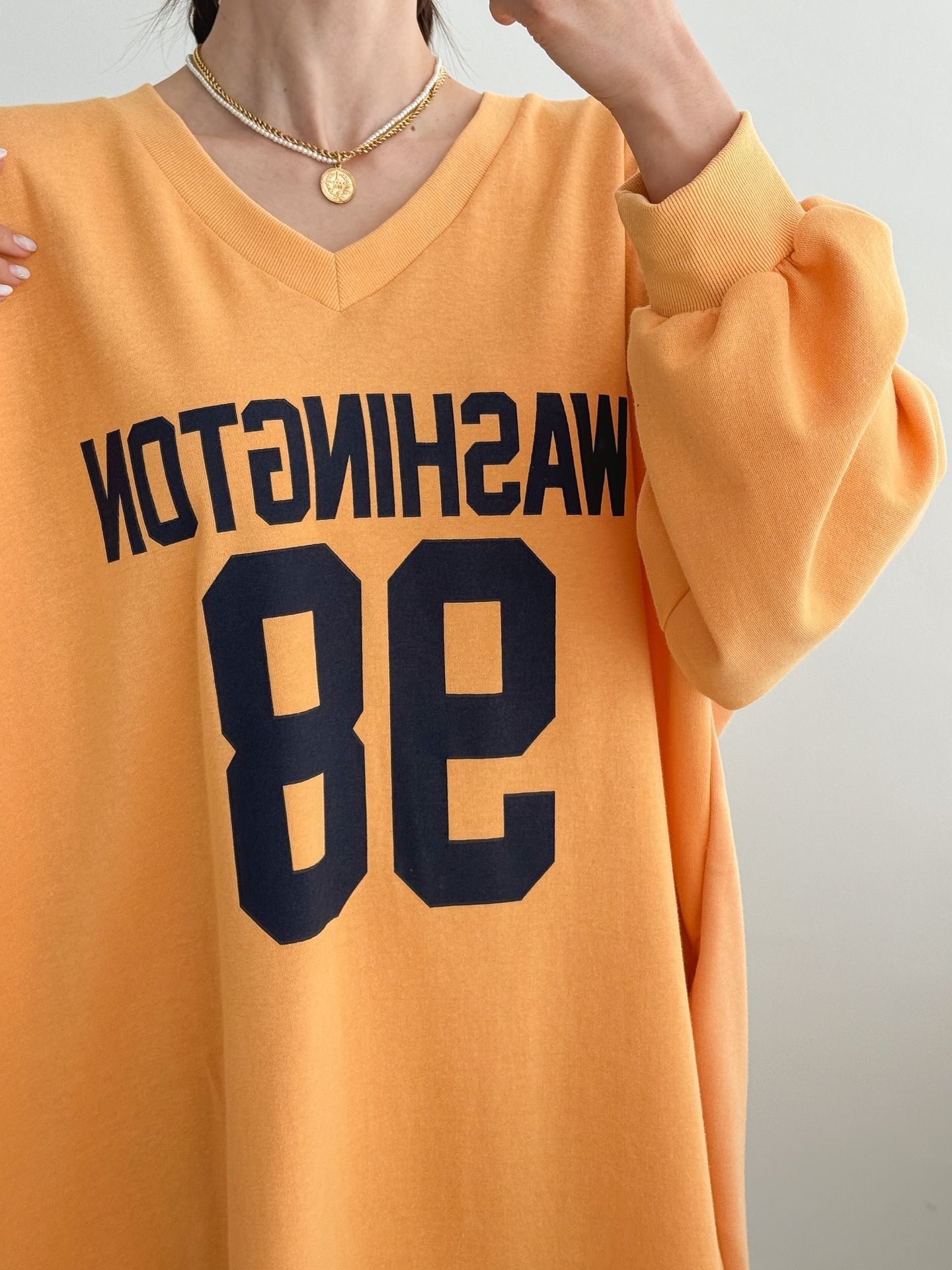 Vネックスリットポケットオーバーサイズロング長袖ビッグプリントワンピース | 詳細画像12