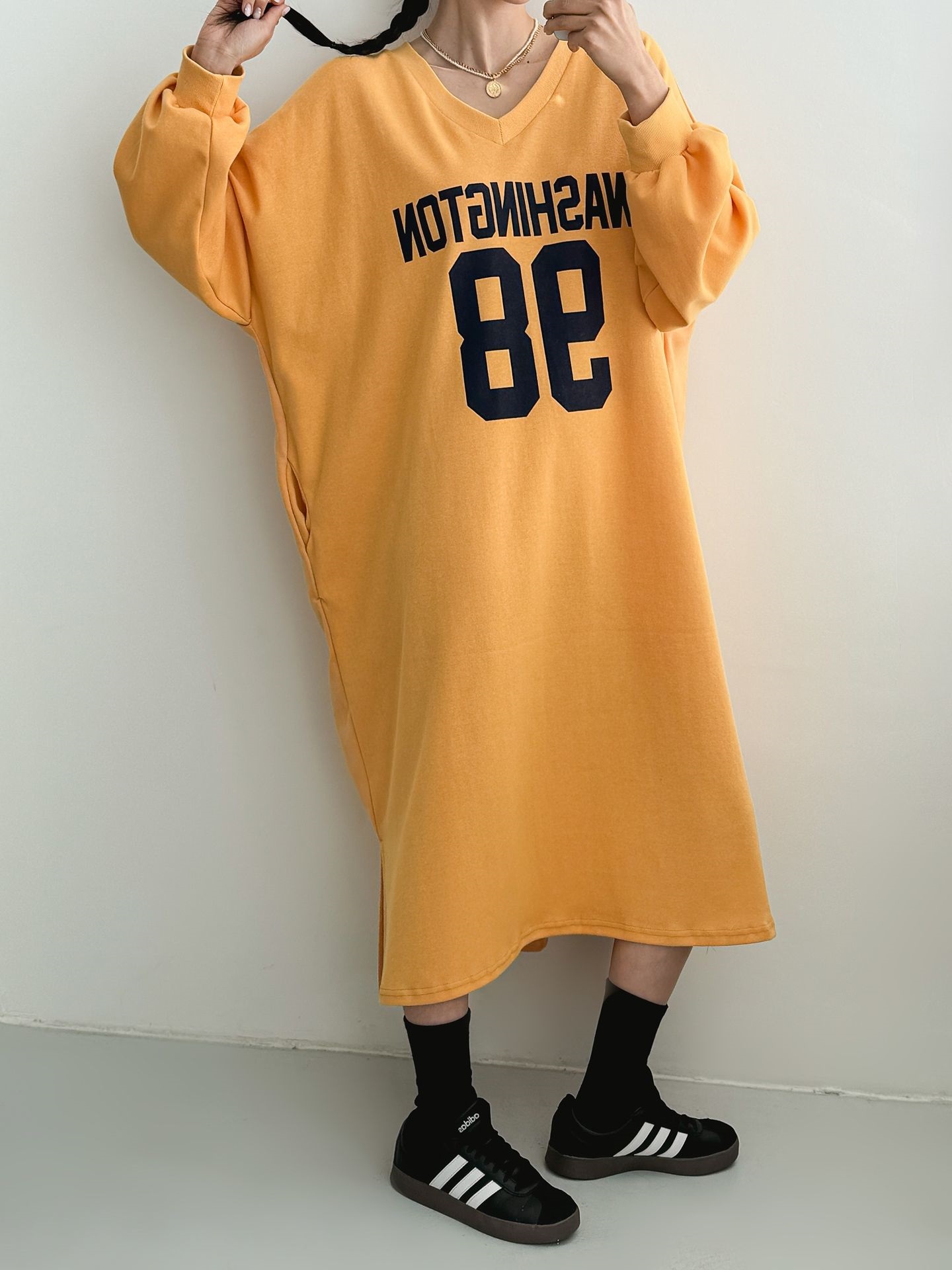 Vネックスリットポケットオーバーサイズロング長袖ビッグプリントワンピース | 詳細画像14