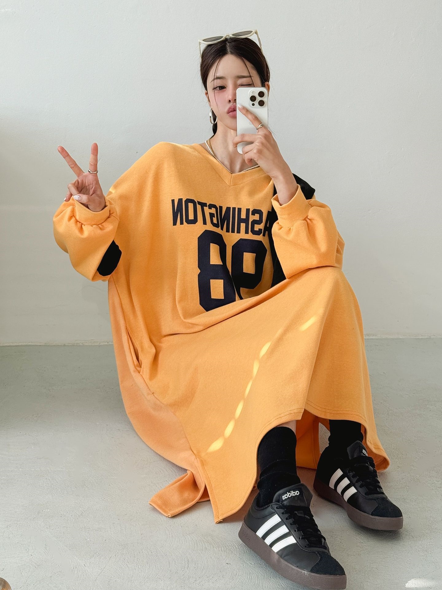 Vネックスリットポケットオーバーサイズロング長袖ビッグプリントワンピース | 詳細画像16