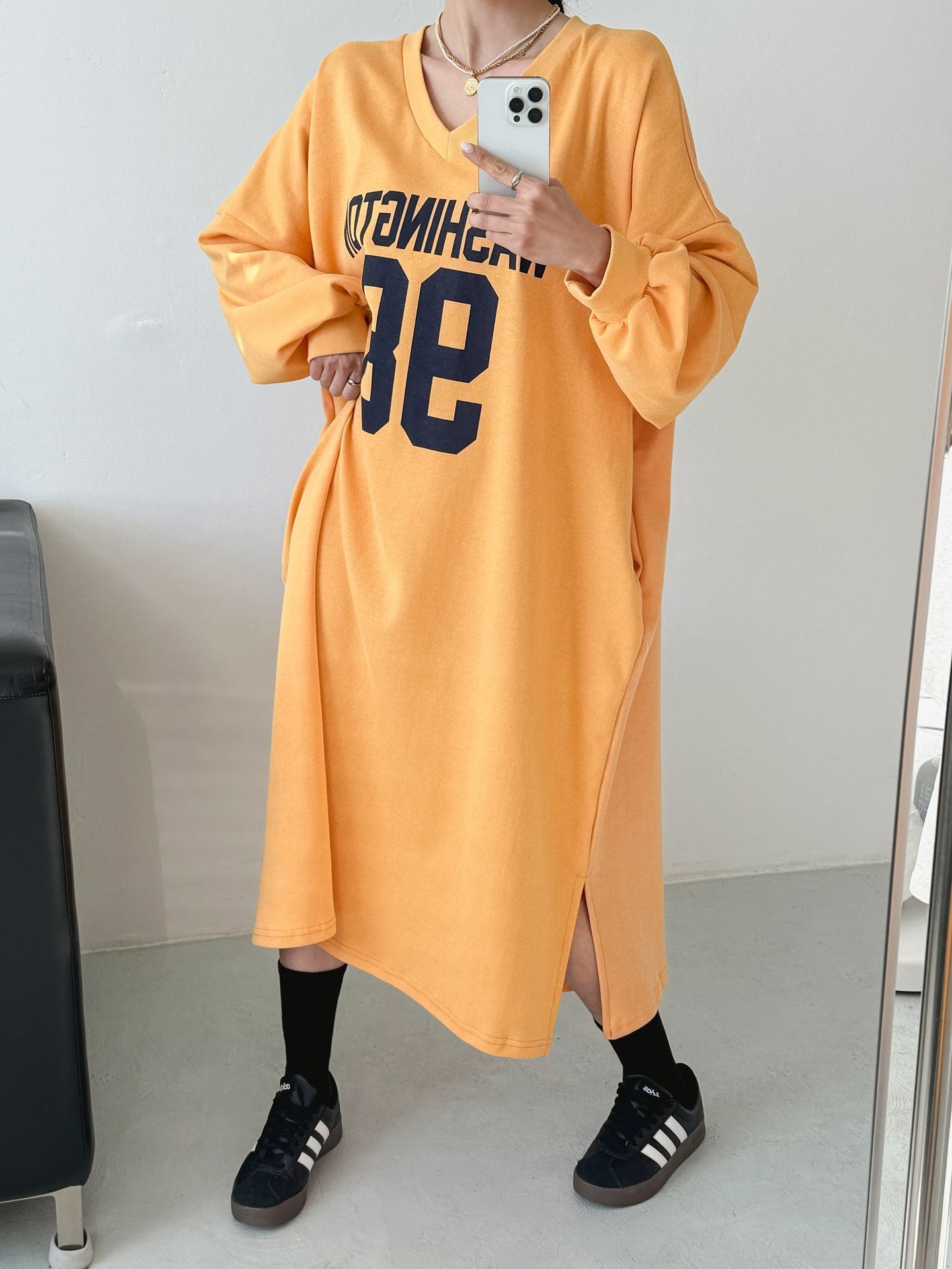 Vネックスリットポケットオーバーサイズロング長袖ビッグプリントワンピース | 詳細画像18