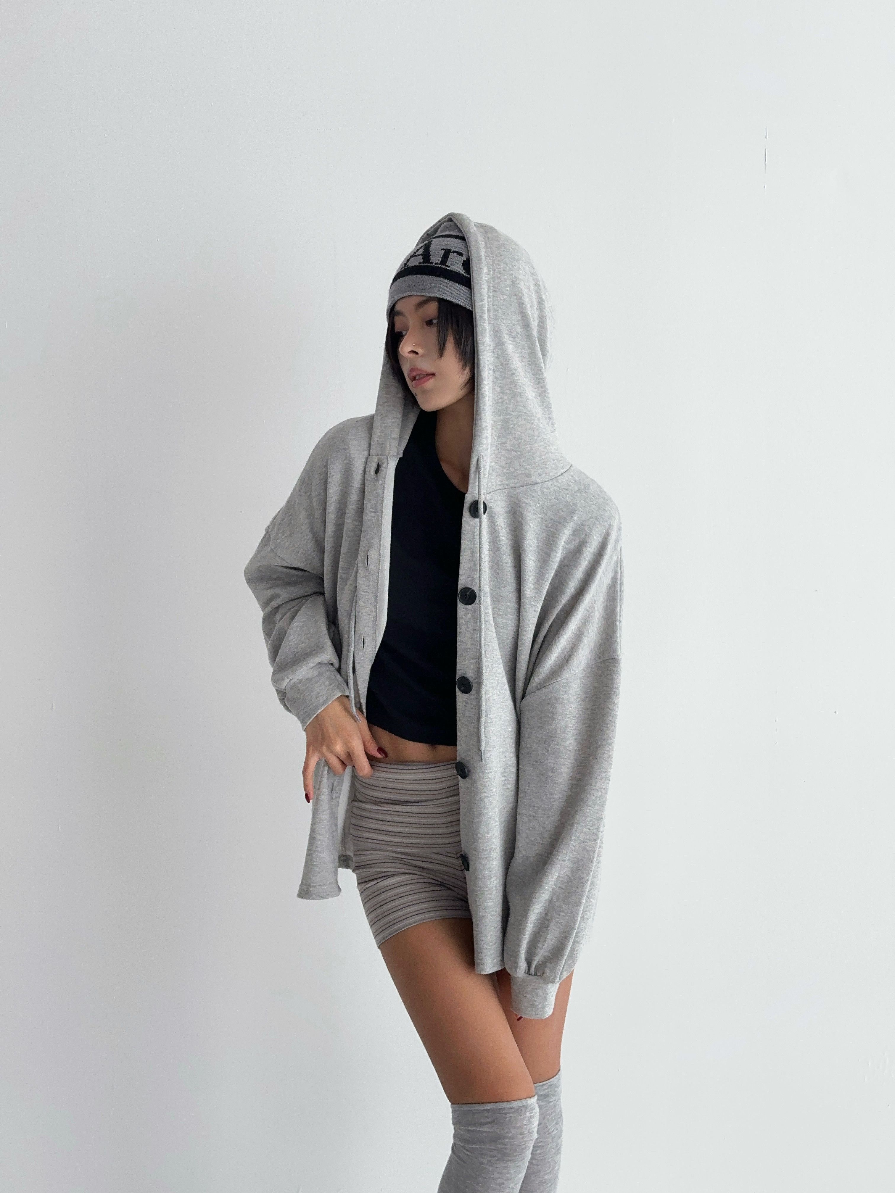 フードドローストリングオーバーサイズ長袖カーディガン | 詳細画像4