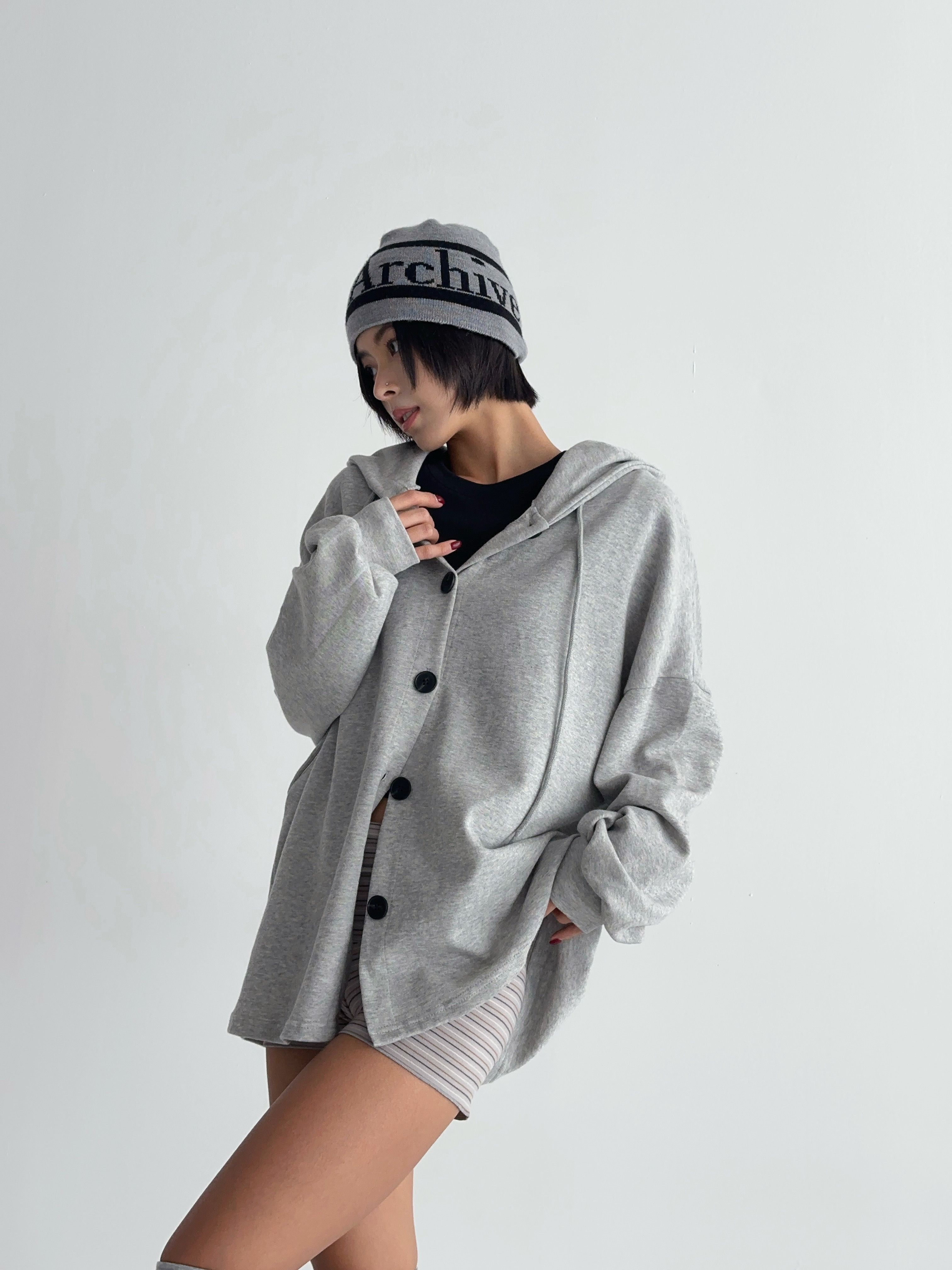 フードドローストリングオーバーサイズ長袖カーディガン | 詳細画像5