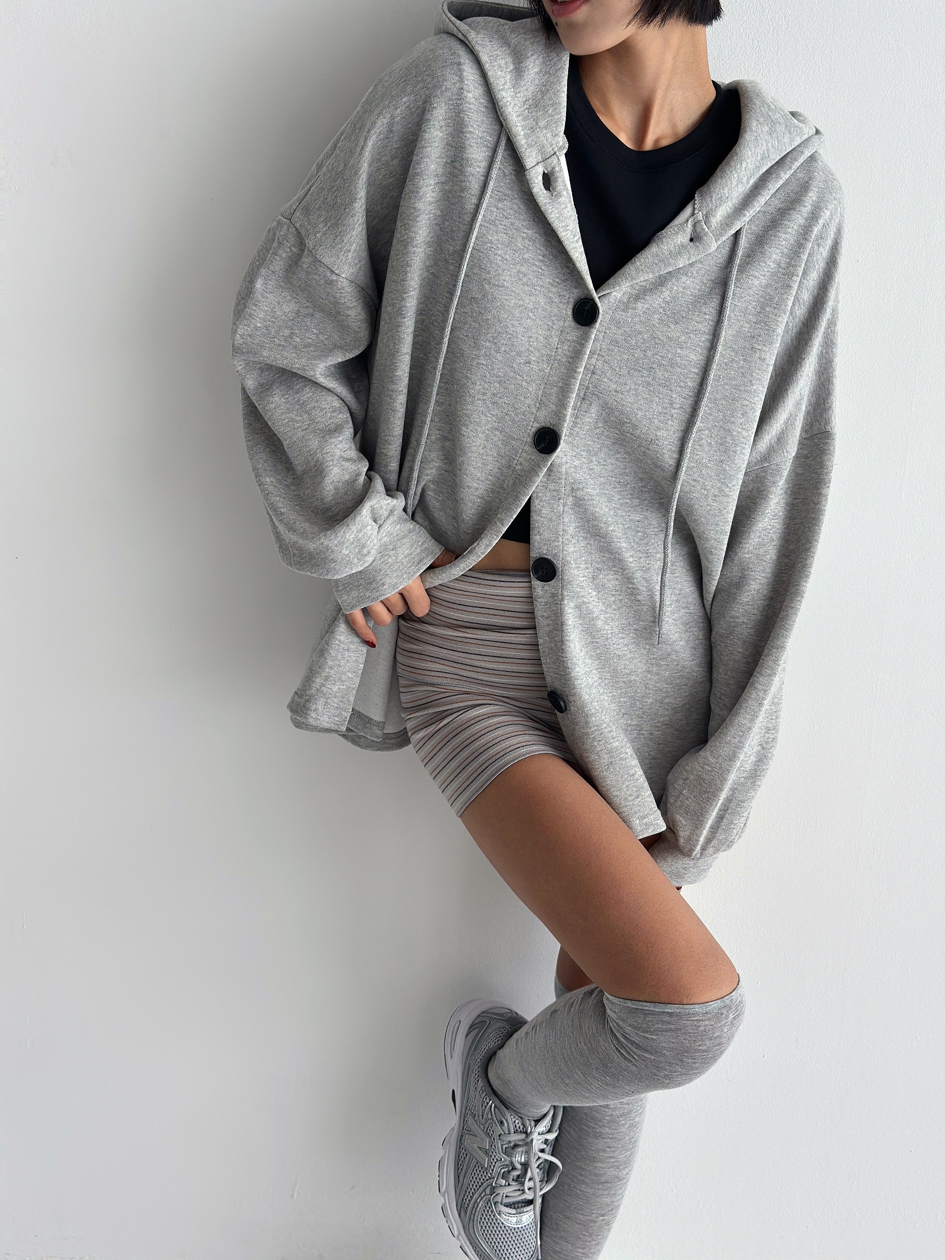 フードドローストリングオーバーサイズ長袖カーディガン | 詳細画像15