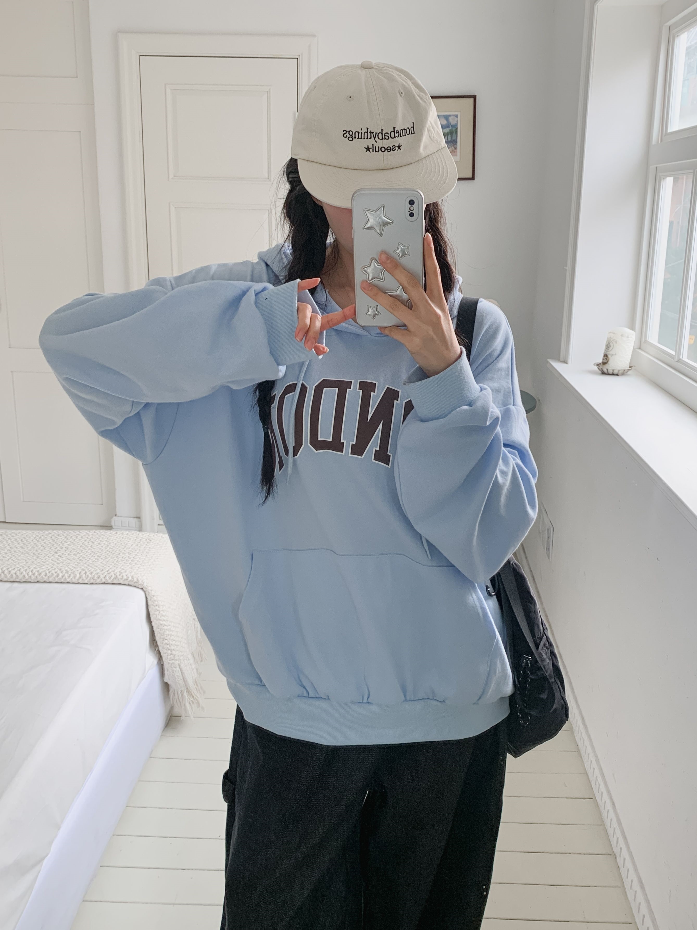 フードドローストリングオーバーサイズ長袖カンガルーポケットプリントパーカー | 詳細画像2