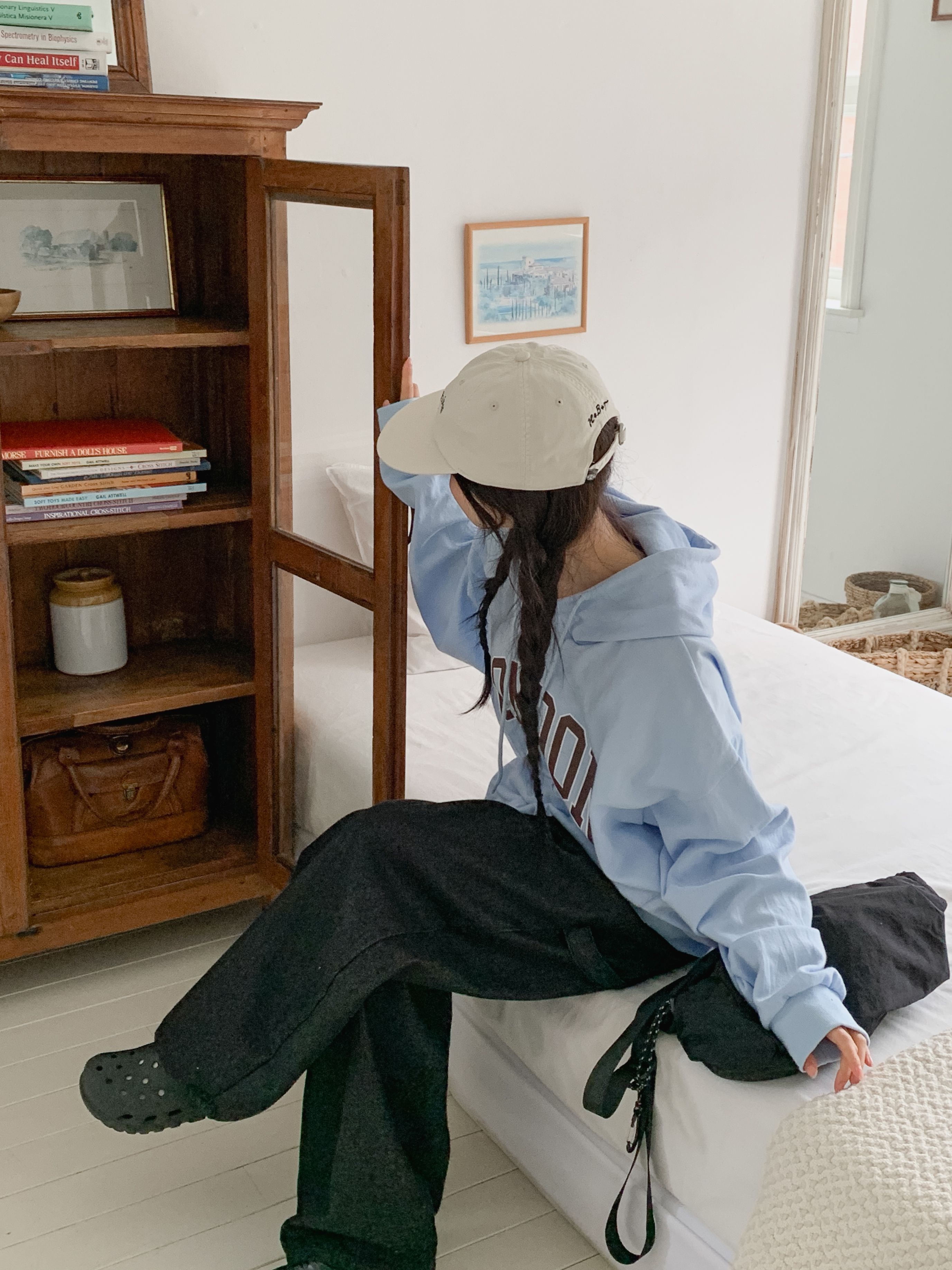 フードドローストリングオーバーサイズ長袖カンガルーポケットプリントパーカー | 詳細画像6