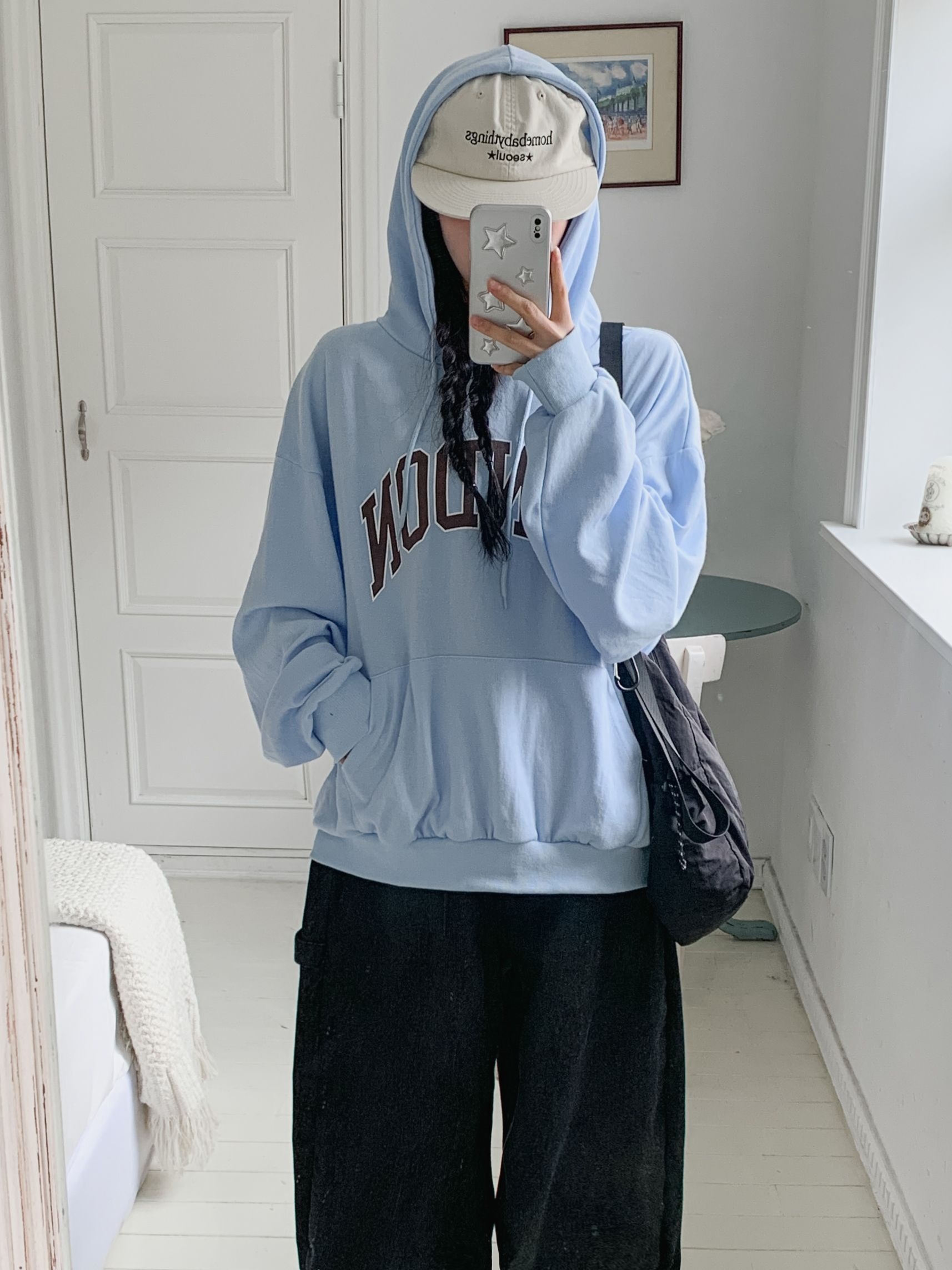 フードドローストリングオーバーサイズ長袖カンガルーポケットプリントパーカー | 詳細画像9