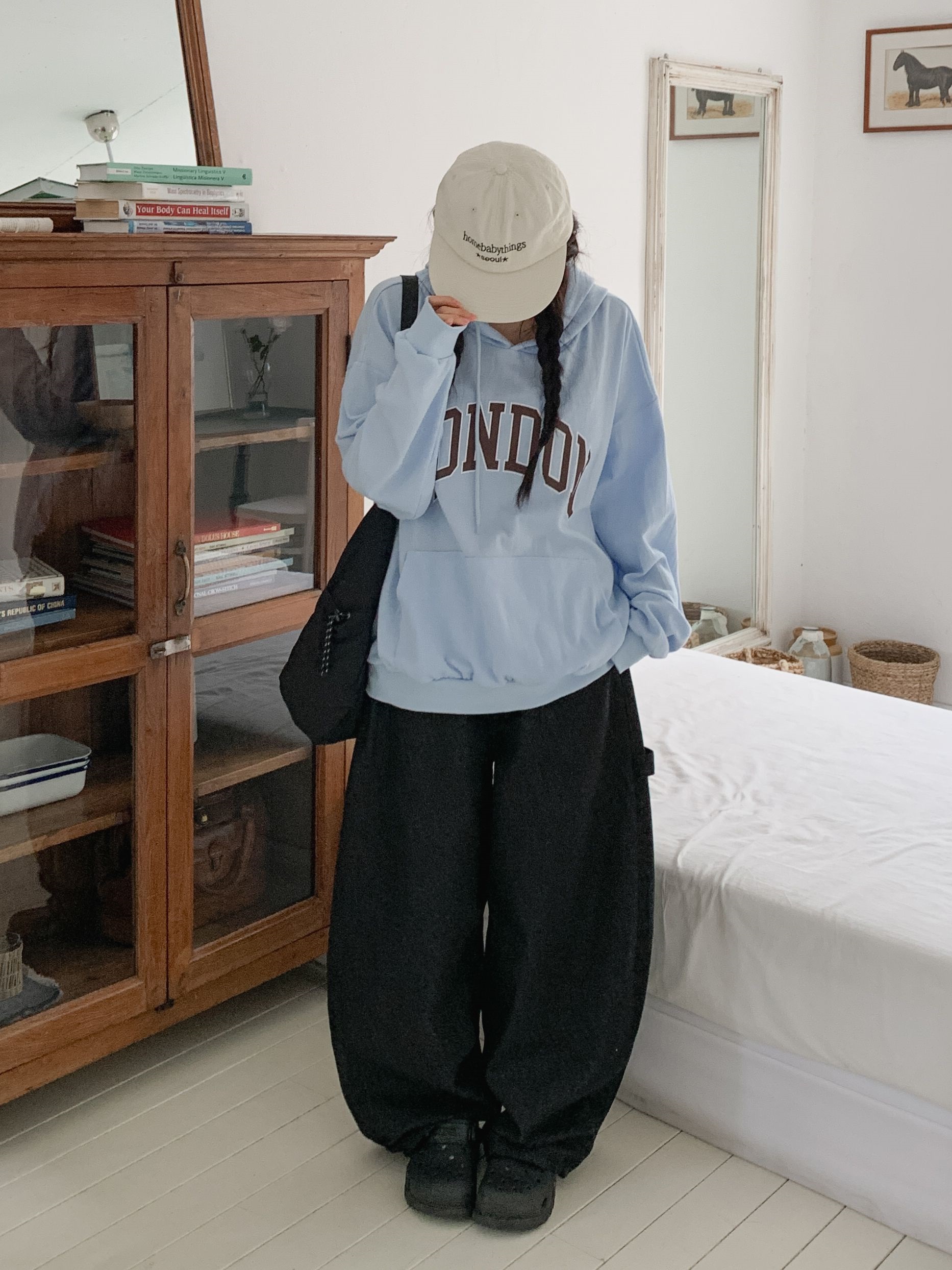 フードドローストリングオーバーサイズ長袖カンガルーポケットプリントパーカー | 詳細画像11