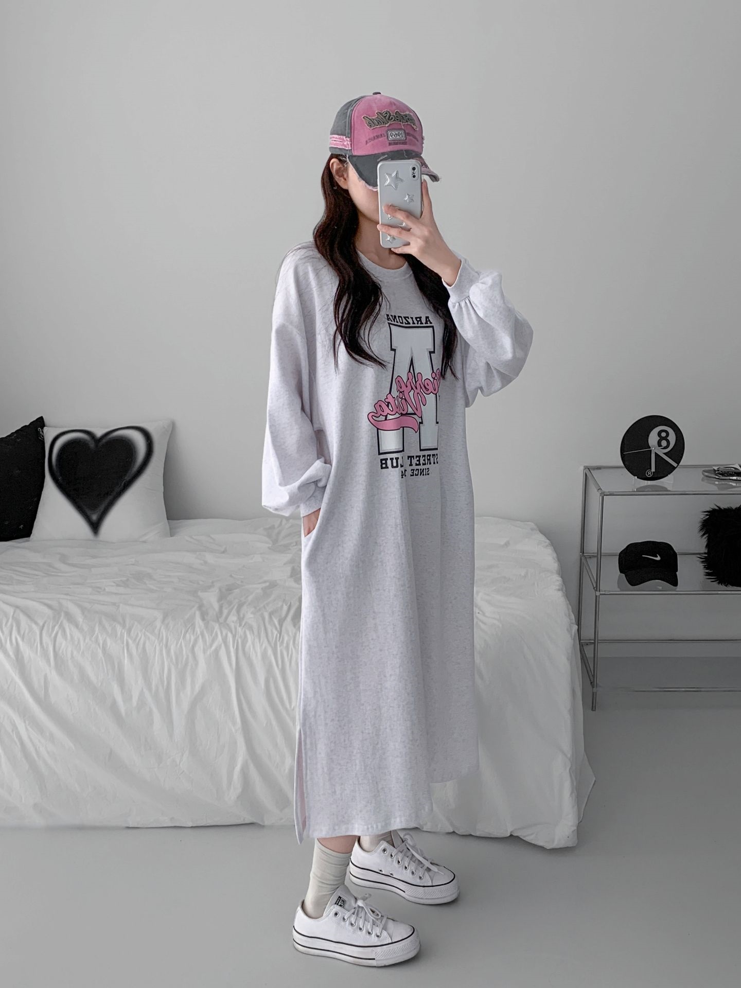 ラウンドネックスリットパフスリーブオーバーサイズロング長袖ビッグプリントワンピース | 詳細画像5