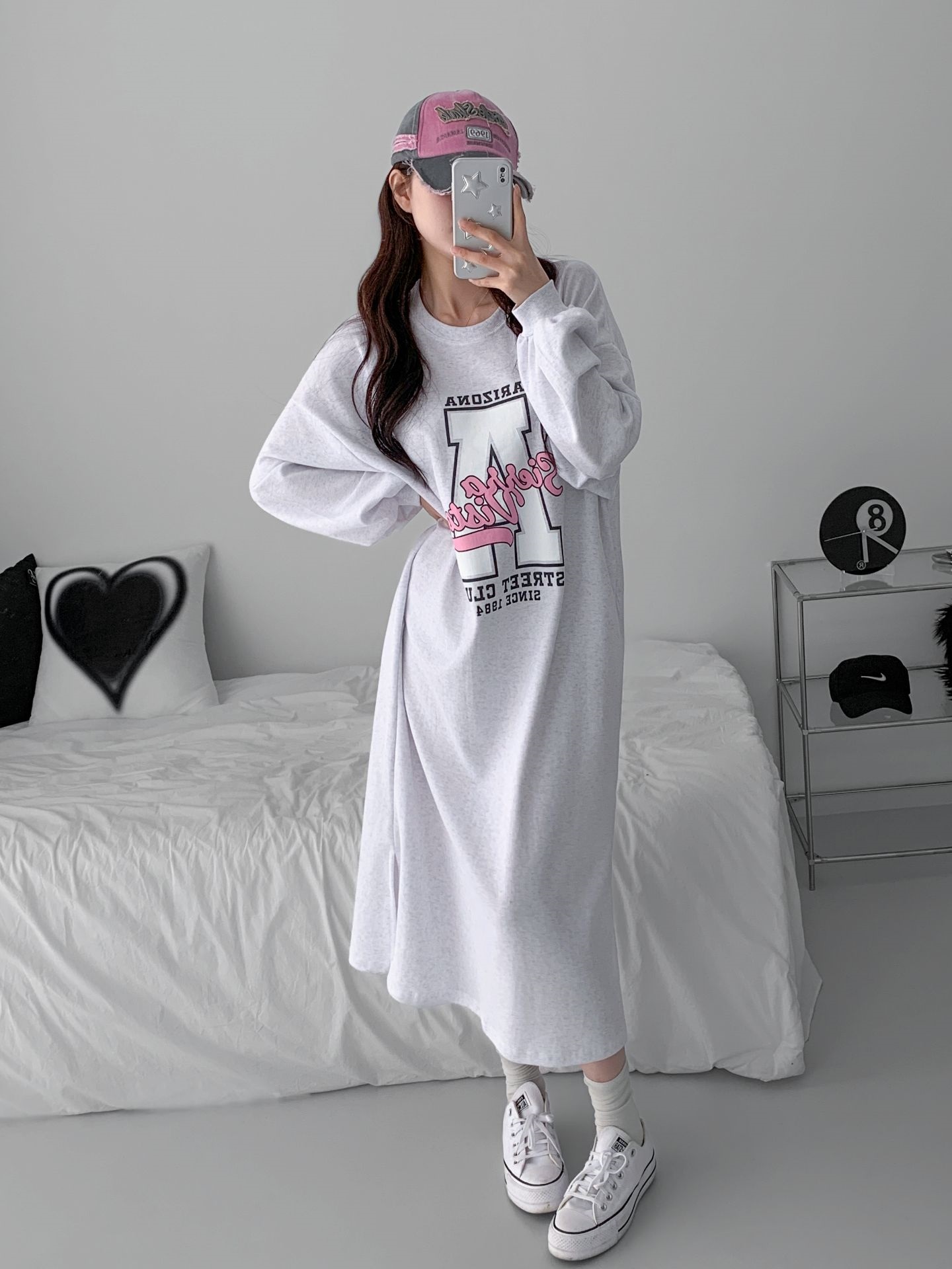 ラウンドネックスリットパフスリーブオーバーサイズロング長袖ビッグプリントワンピース | 詳細画像6