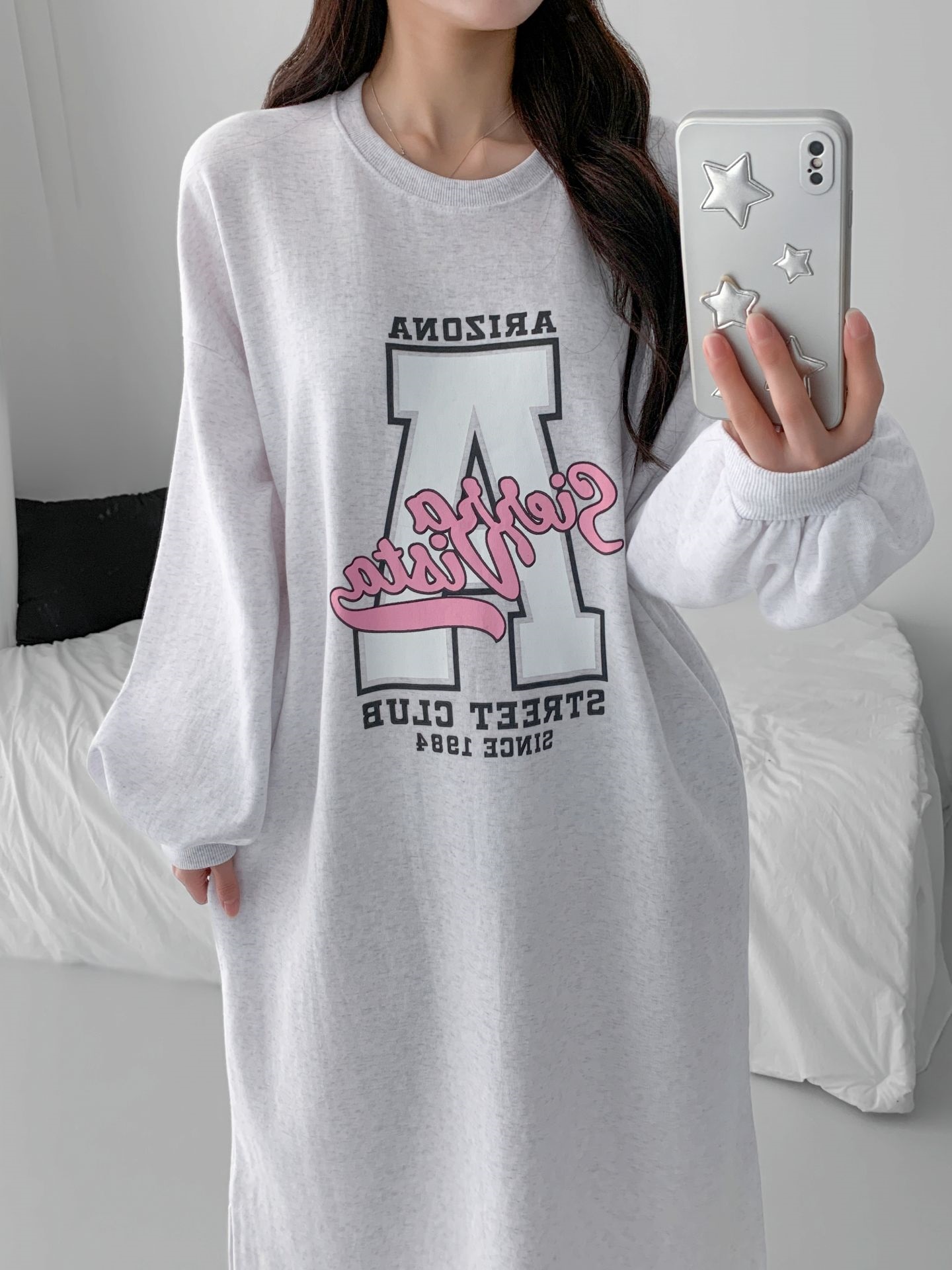 ラウンドネックスリットパフスリーブオーバーサイズロング長袖ビッグプリントワンピース | 詳細画像7