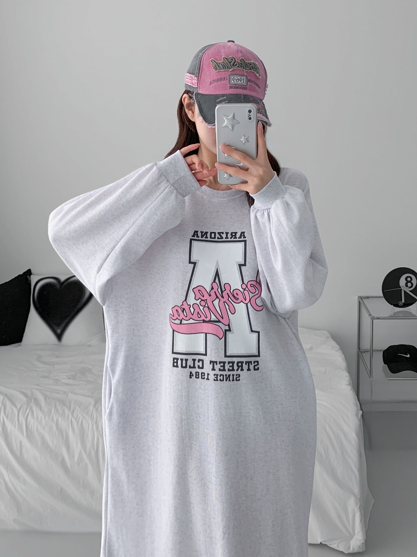 ラウンドネックスリットパフスリーブオーバーサイズロング長袖ビッグプリントワンピース | 詳細画像10